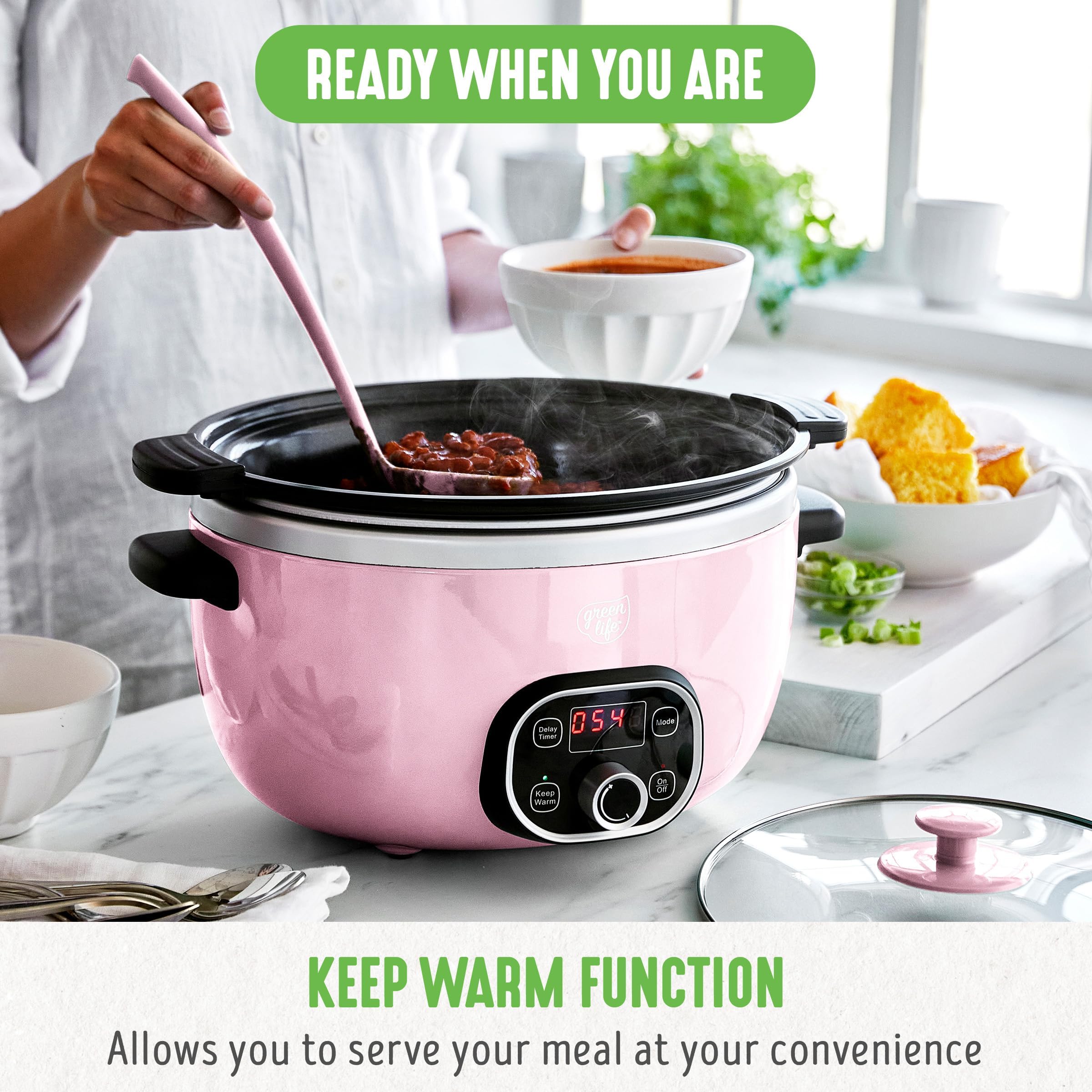 GreenLife 6 Quart Ceramic Slow Cooker, PFAS-Free, Programmable, Removable Healthy Nonstick Pot for Family Meals, Sear on Stovetop, Keep Warm, Digital Timer, Dishwasher Safe Glass Lid & Crock, Pink