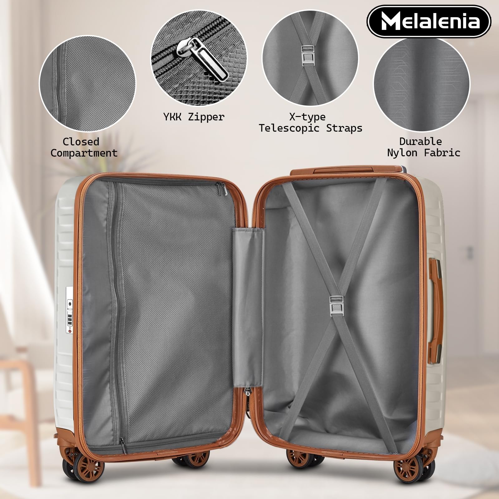Melalenia Luggage Sets 7 Piece Hard Shell Carry on Suitcase with Spinner Wheels and TSA Lock, Lightweight Travel Duffel Bag for Women, Beige Brown: 7 Piece Set(DB/TB) Beige Brown