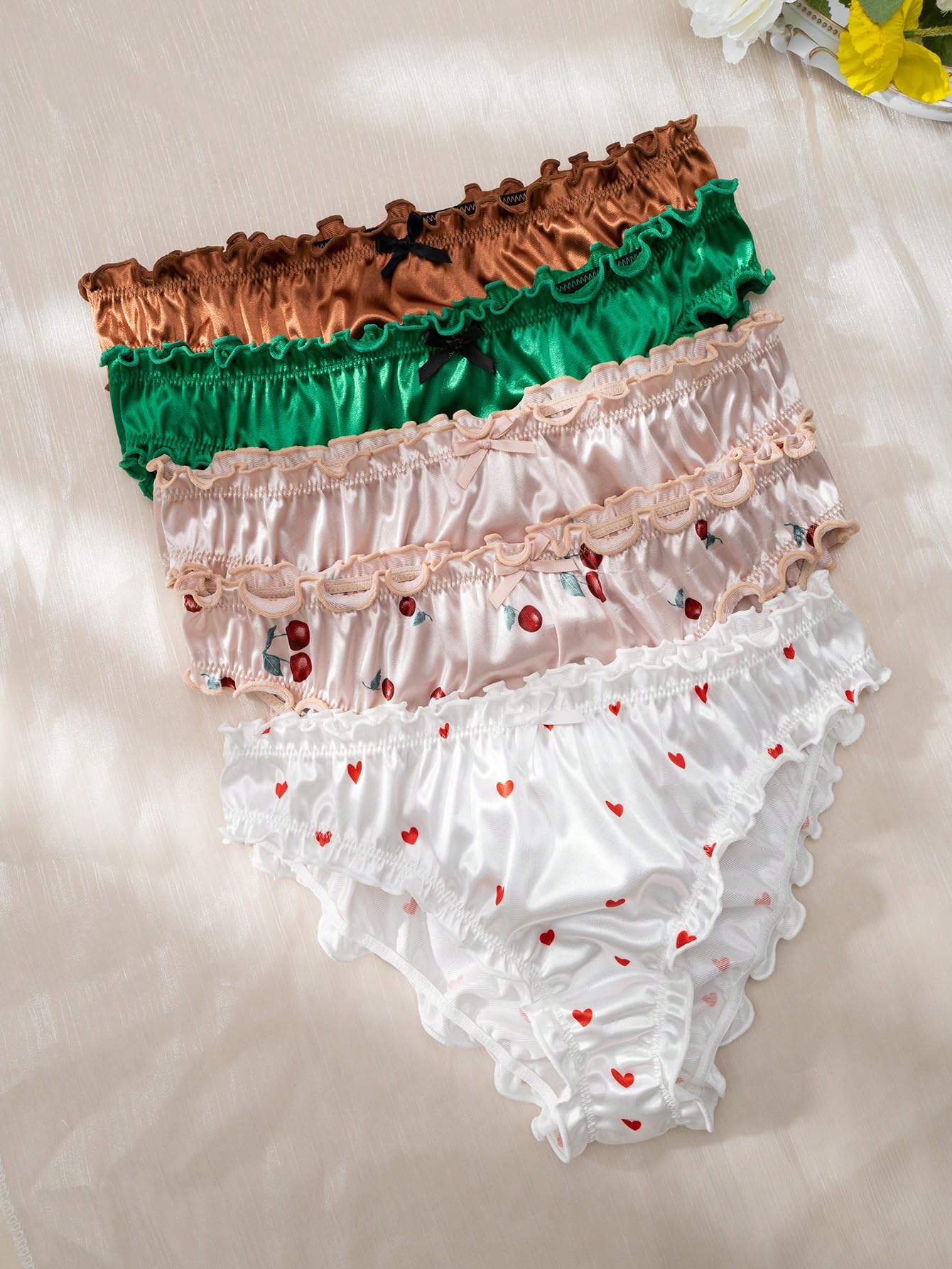 COZYEASE Women's 5 Piece Sets Floral Print Lettuce Trim Low Rise Panty Cute Underwear Multicolor S: COZYEASE Women's 5 Piece Sets Floral Print Lettuce Trim Low Rise Panty Cute Underwear
