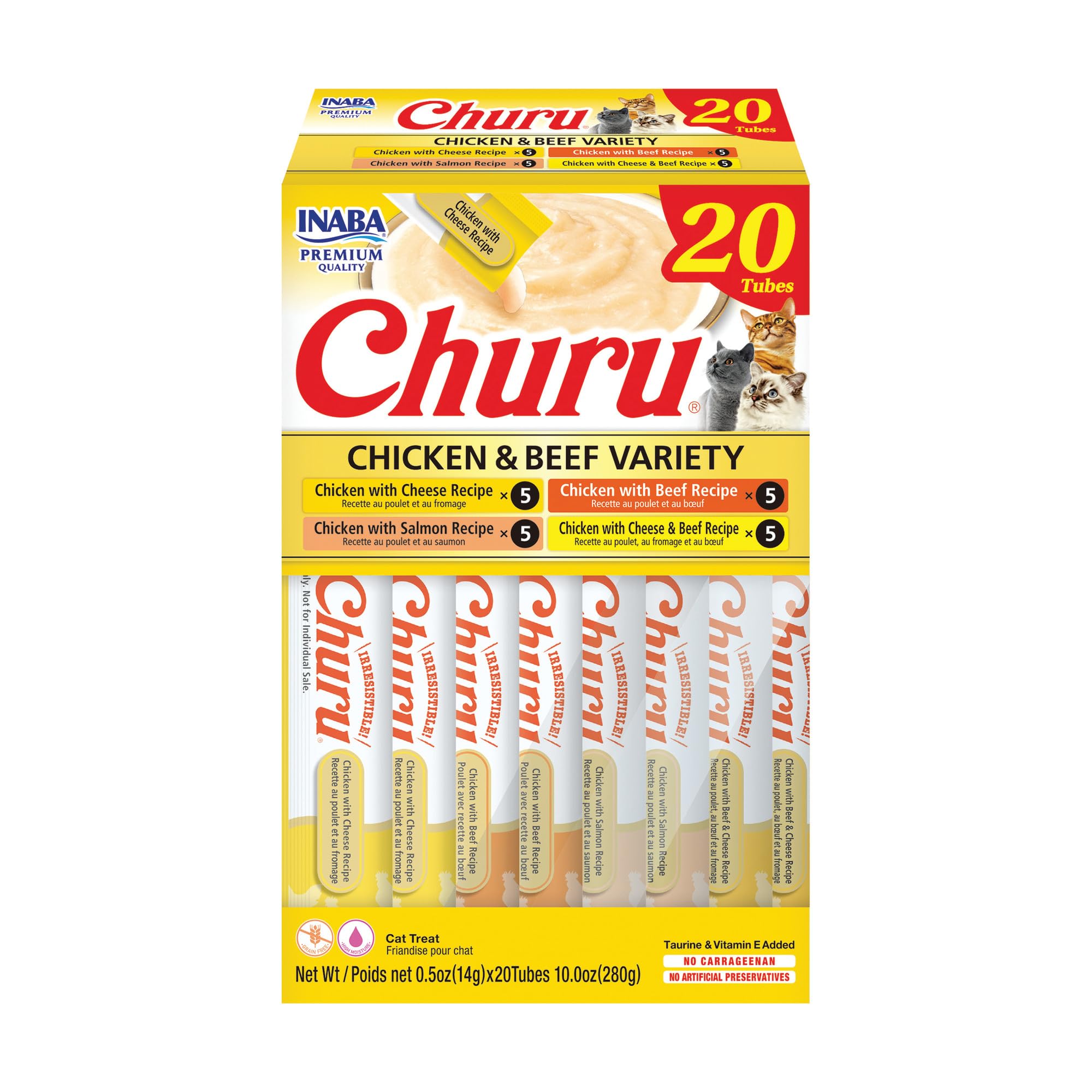 INABA Churu Cat Treats, Grain-Free, Lickable, Squeezable Creamy Purée Cat Treat/Topper with Vitamin E & Taurine, 0.5 Ounces Each Tube, 50 Tubes, Tuna & Chicken Variety: Chicken &amp; Beef Variety 0.5 Ounce (Pack of 20)