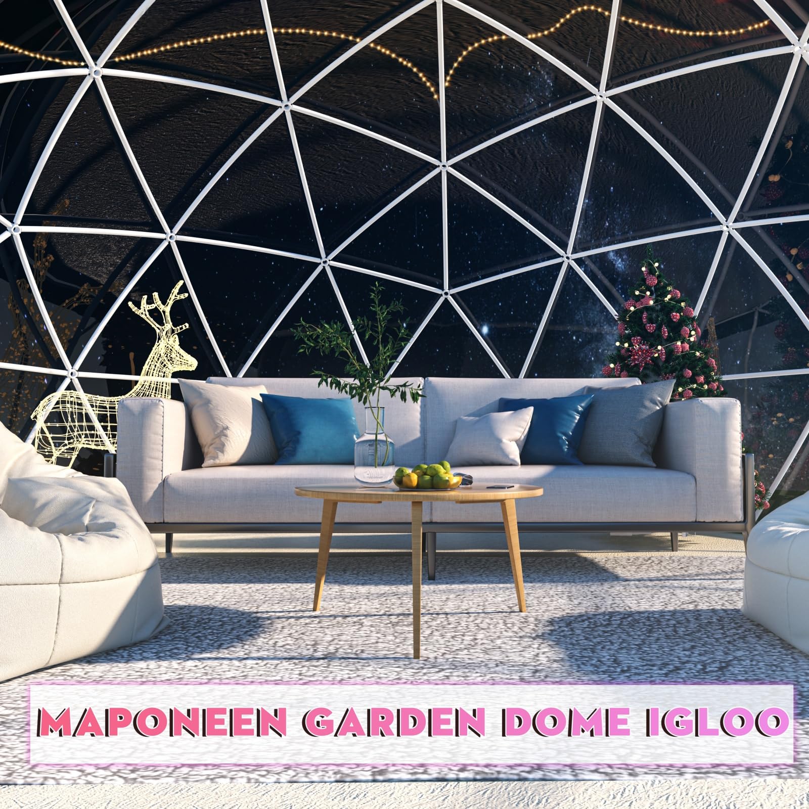 12FT Garden Dome lgloo, Geodesic Dome Greenhouse with PVC Clear Cover, Waterproof Garden Bubble Dome Tent House with 2 x 10M Light Strings for Outdoor, Patio, Backyard, Party (White, 12FT/3.6M): White Edge 12FT/3.6M