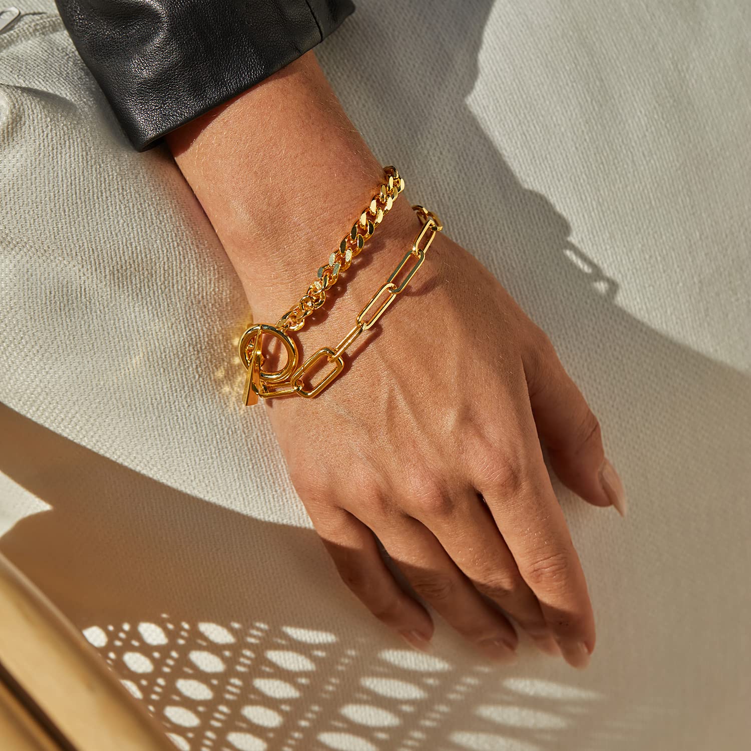FRUMOS Dainty Layering Bracelets for Women 18 k Gold Plated Fashion Adjustable Chunky Cuban Paperclip Link Chain Bracelets Jewelry for Women Girls Gift thumbnail 4