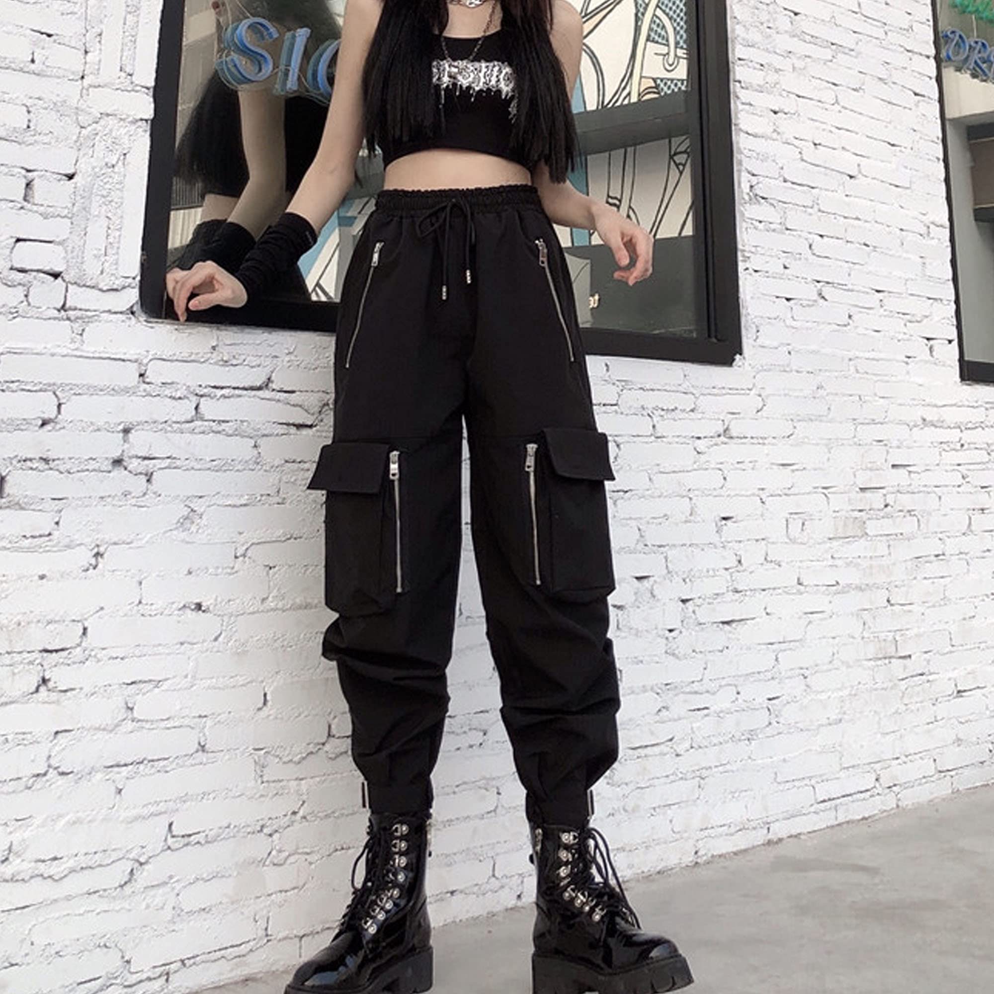 MEINVQIAOTI Black Cargo Pants Women Loose Chained Pants Multi-Pocket Multi-Zip Punk Goth Pants