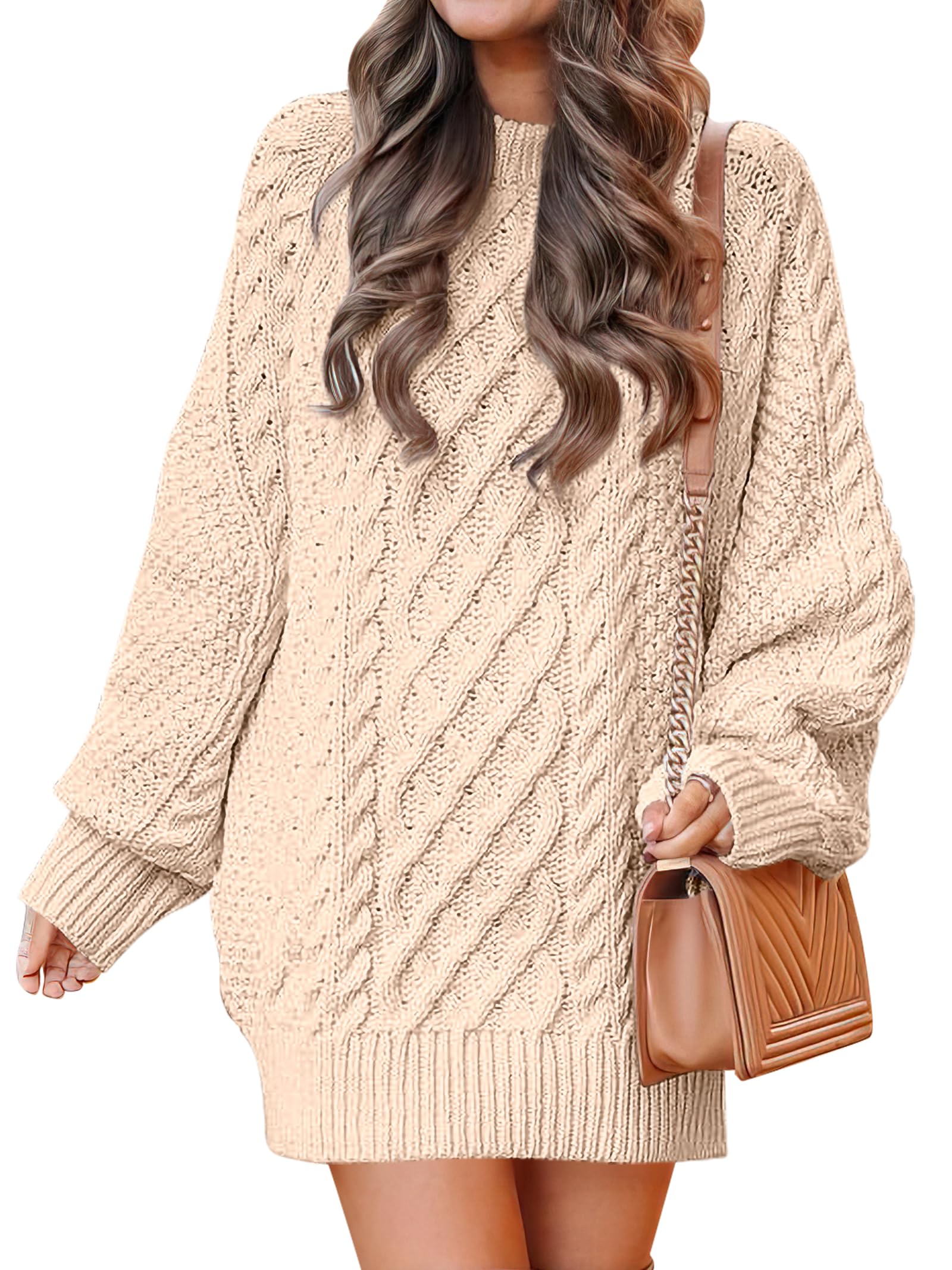 ANRABESS Women Long Sleeve Oversized Cable Knit Chunky Baggy Loose Pullover Tunic Mini Sweater Dress 2025 Trendy Fall Outfits: Apricot Large