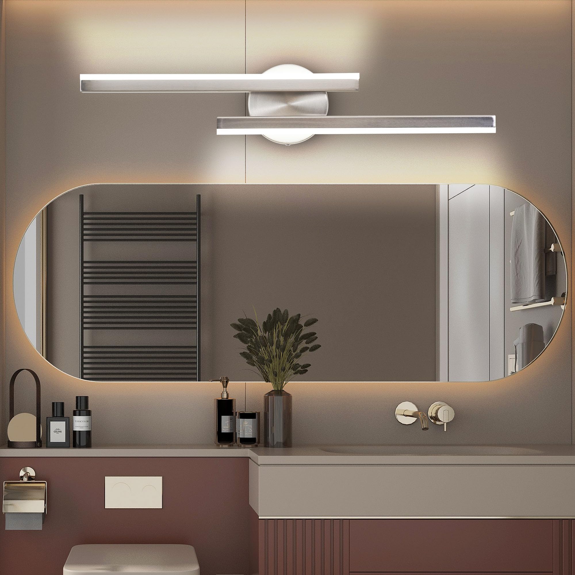 KAMLAM 24" Modern Led Bathroom Vanity Light 2 Light, Dimmable Over Mirror Vanity Lighting Bar Rotatable, 24W Cool White 5000K, Adjustable Nickel Vanity Light Fixture for Bedroom: Silver 24in 2-Light