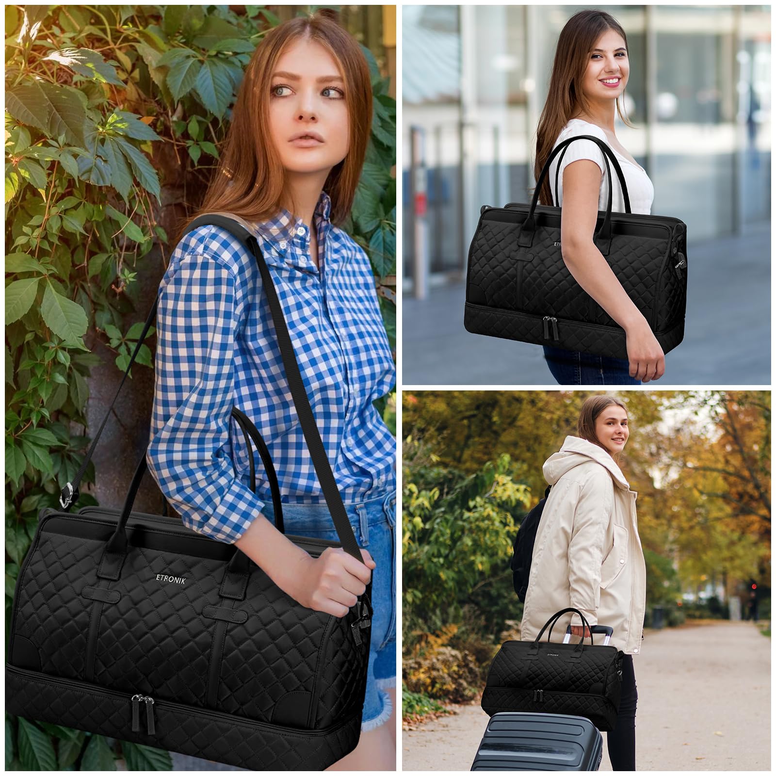 ETRONIK Weekender Overnight Bag for Women, Large Travel Duffle Bag with Shoe Compartment & Wet Pocket, Carry On Tote Bag Gym Duffel Bag with Toiletry Bag for Hospital 3 Pcs Set, XL Size, Dark Black: Extra Large Dark Black