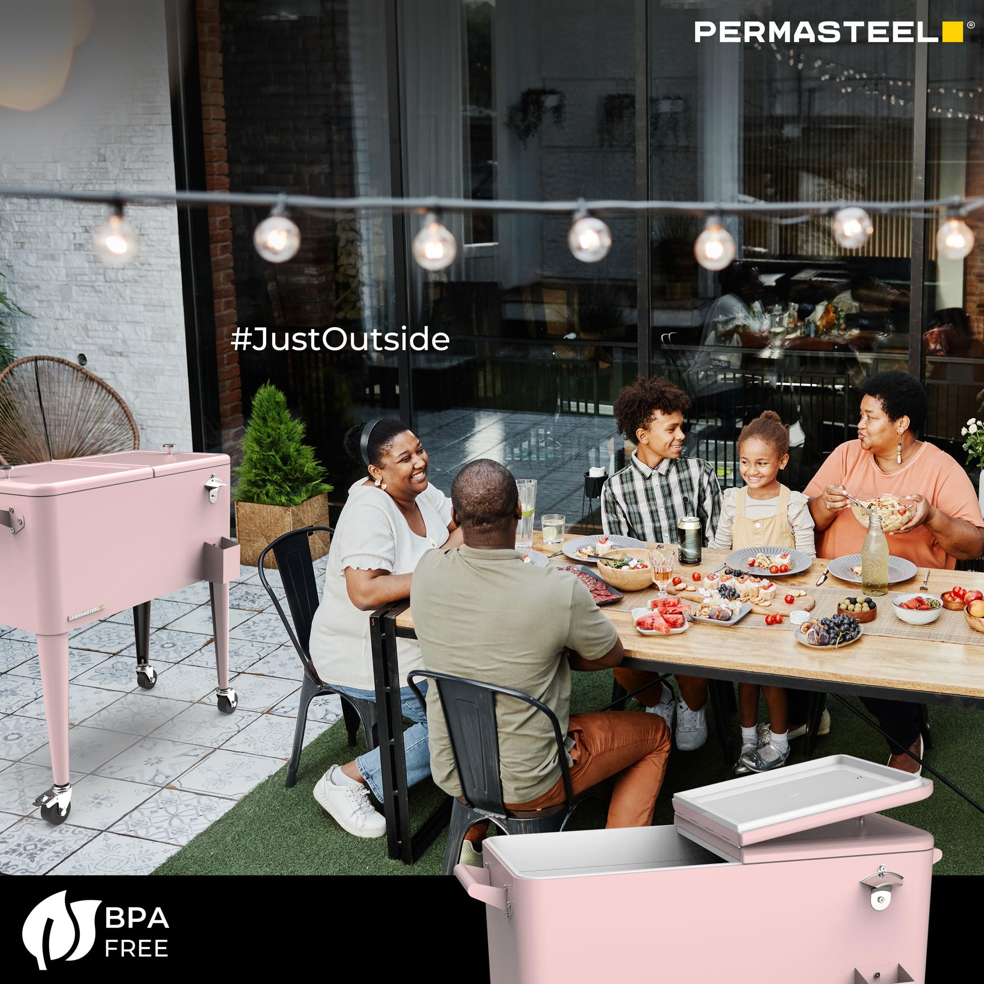 Permasteel 80-Qt Classic Outdoor Patio Cooler for Outside, Beverage Bar Cart With Wheels & Handles, Retro Design