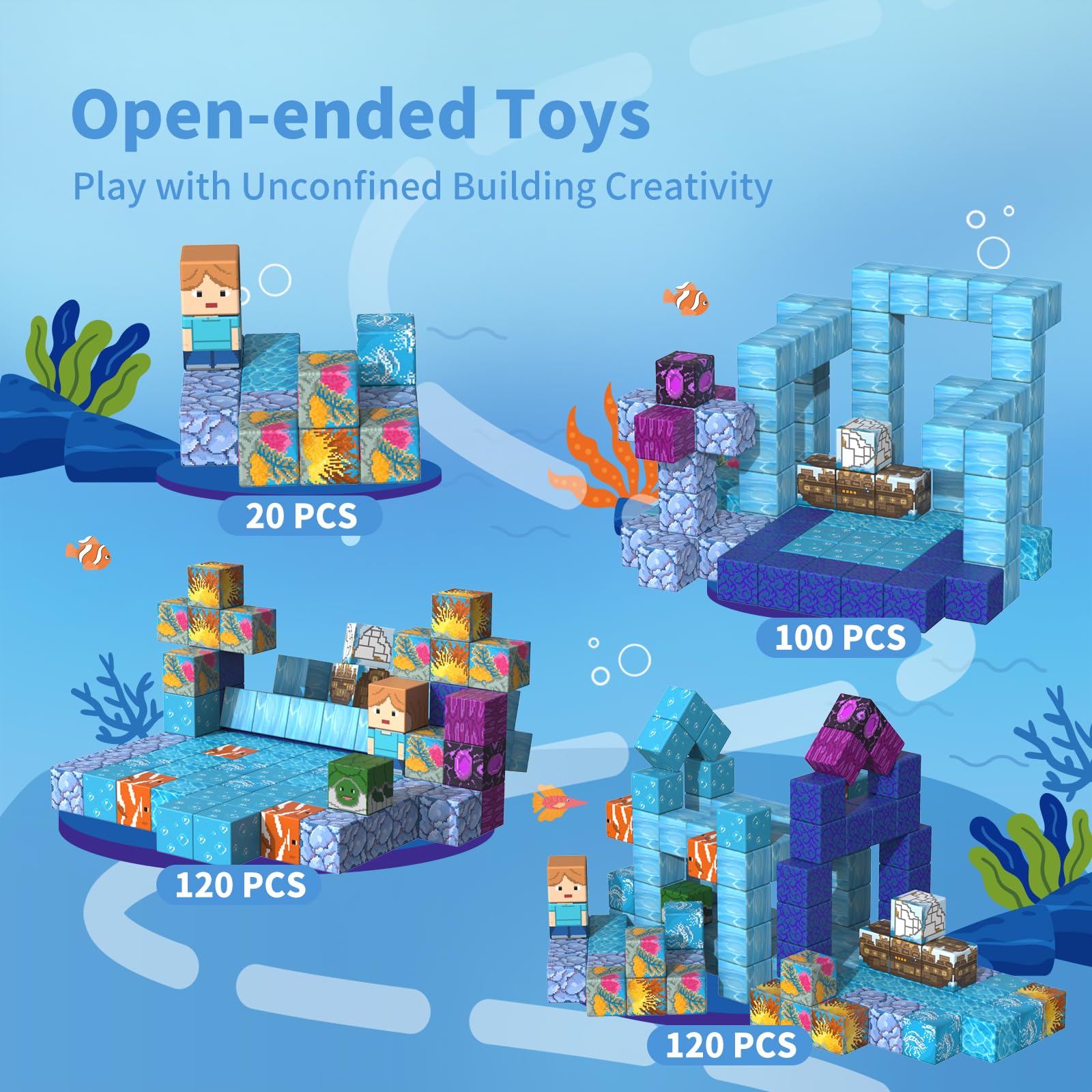 tinytrek Magnetic Blocks-120PCS Ocean Quest Set，Magnetic Building Blocks Kids Toys for Ages 3 4 5 6 7 8 Birthday Gifts，STEM Montessori Sensory Toys for 3+ Years Old Boys & Girls