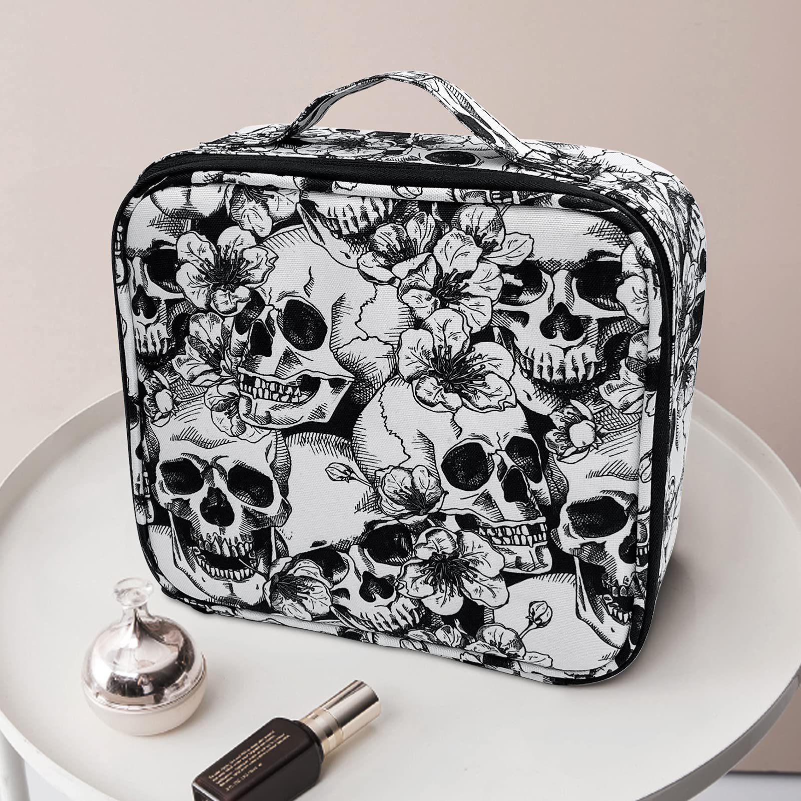9CH Goth Makeup Organizer Bag, Halloween Makeup Bags Large Cosmetic Bag with Adjustable Dividers Portable Bat Cosmetic Case for Make up Brushes Toiletry Jewelry（Black Bats）: Skull Floral