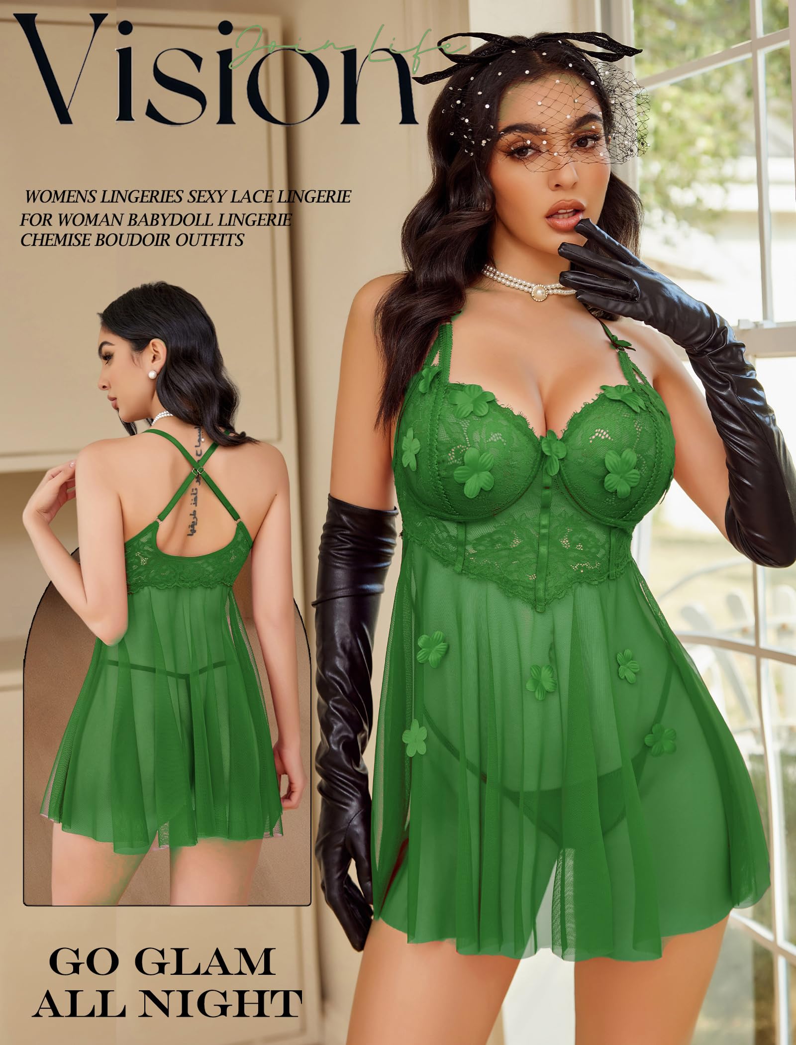 Avidlove Lace Lingerie for Woman Mesh Babydoll Lingeries Sexy Baby Doll Sleepwear Lace Chemise Boudoir Outfits S-XXL: Green Small