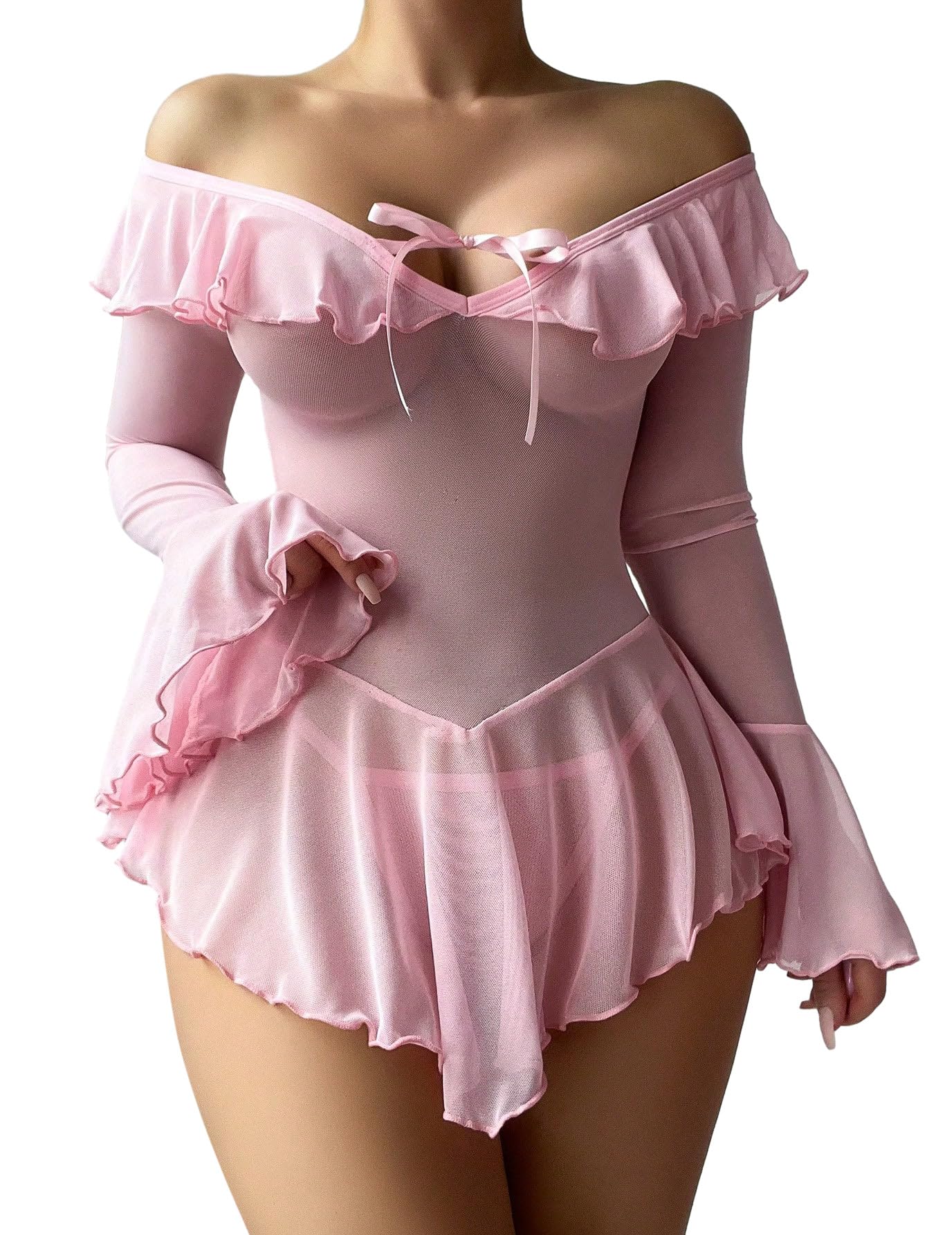 Foxiny Sexy Rave Ruffle Bell Sleeve Mesh Sheer Babydoll Lingerie Set Dress with Thong 2 Piece: Small Pink