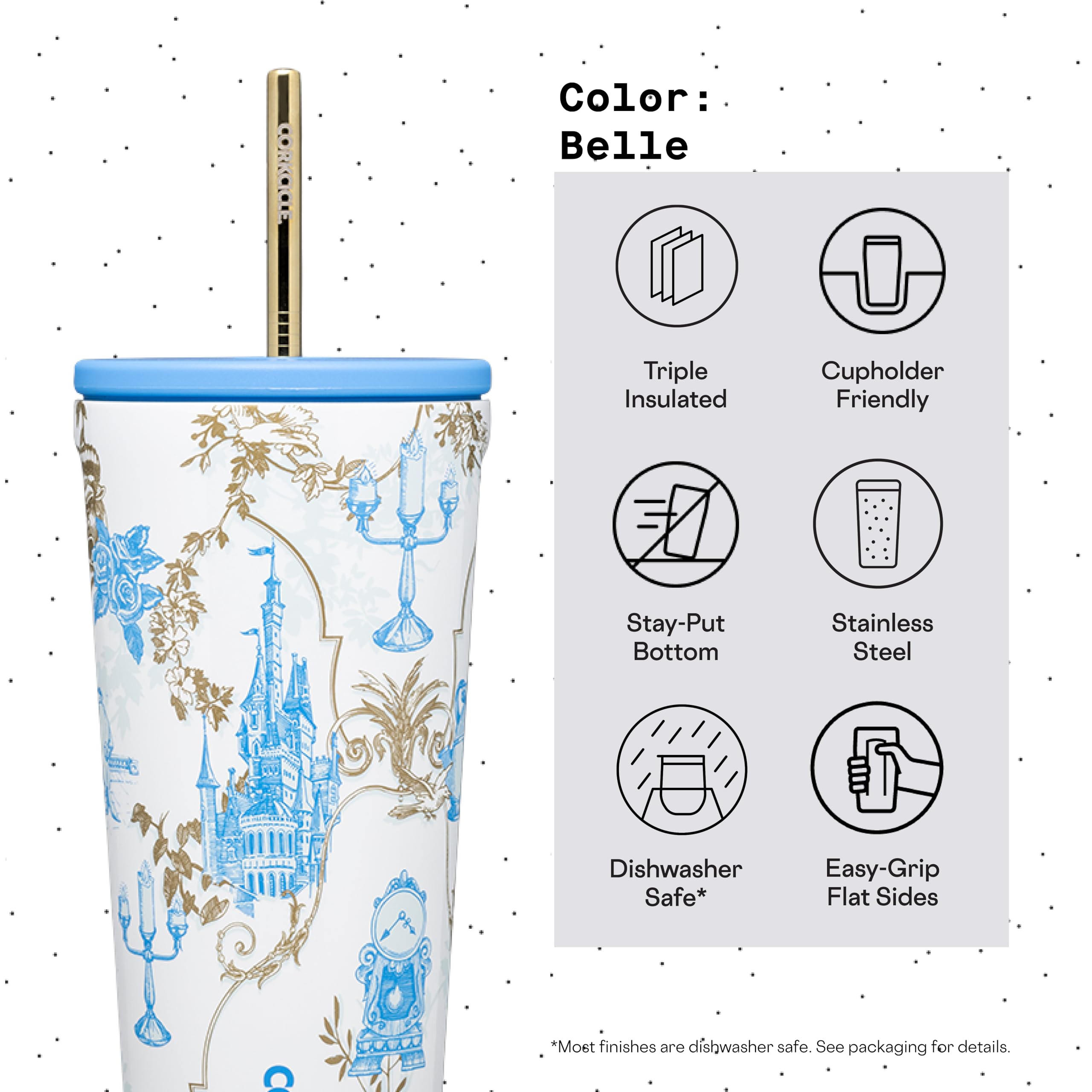 Corkcicle x Disney Princess Belle Cold Cup Insulated Tumbler with Lid and Straw, 24 oz – Reusable Water Bottle Keeps Beverages Cold 12hrs, Hot 5hrs – Cupholder Friendly, Lid for Flexible Sipping