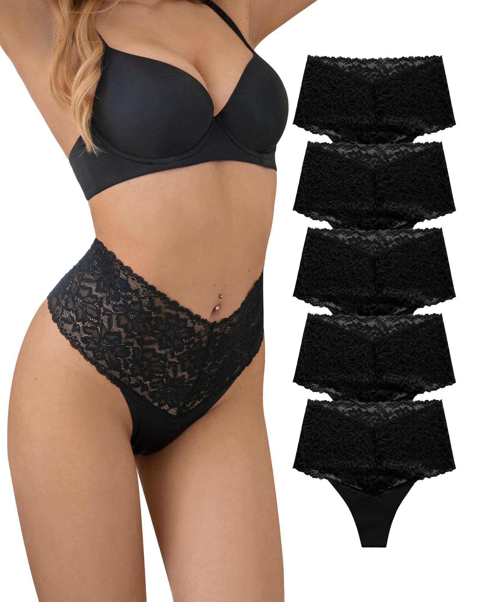 SHARICCA Women Seamless High Waist Underwear Sexy Floral Lace Thong Soft Comfortable Panties Pack: Large 5 Black