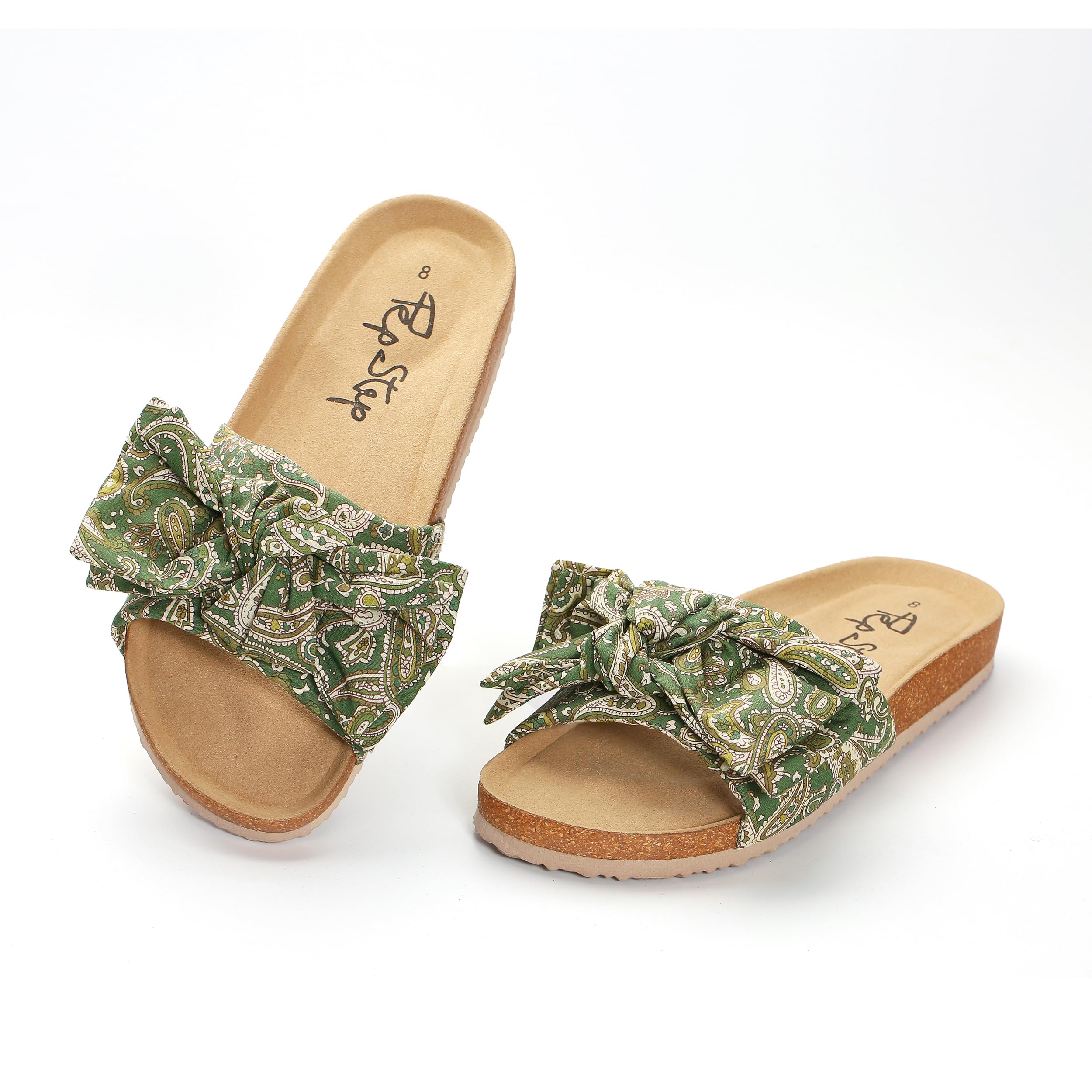 PepStep Slide Sandals for Women or Ladies Dressy Summer Casual, Cute Bow Tie Knot On Top Strap, Comfy Slip On Cork Foot Bed: 8 Green Boho