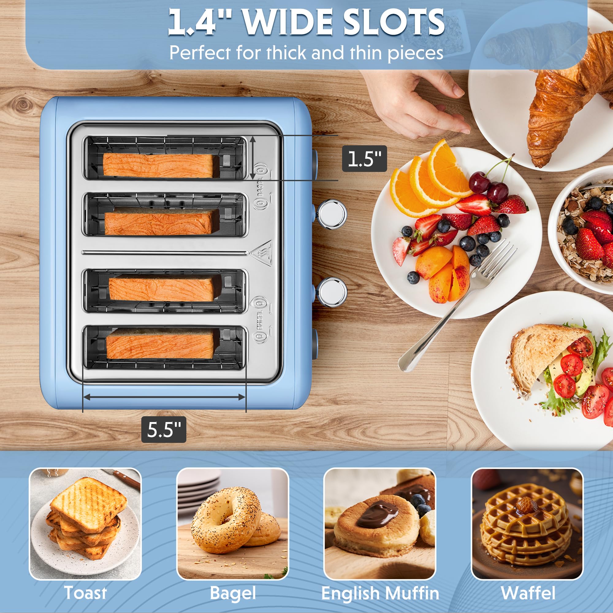 BUYDEEM DT640 4-Slice Toaster, Extra Wide Slots, Retro Stainless Steel with High Lift Lever, Bagel and Muffin Function, Removal Crumb Tray, 7-Shade Settings,