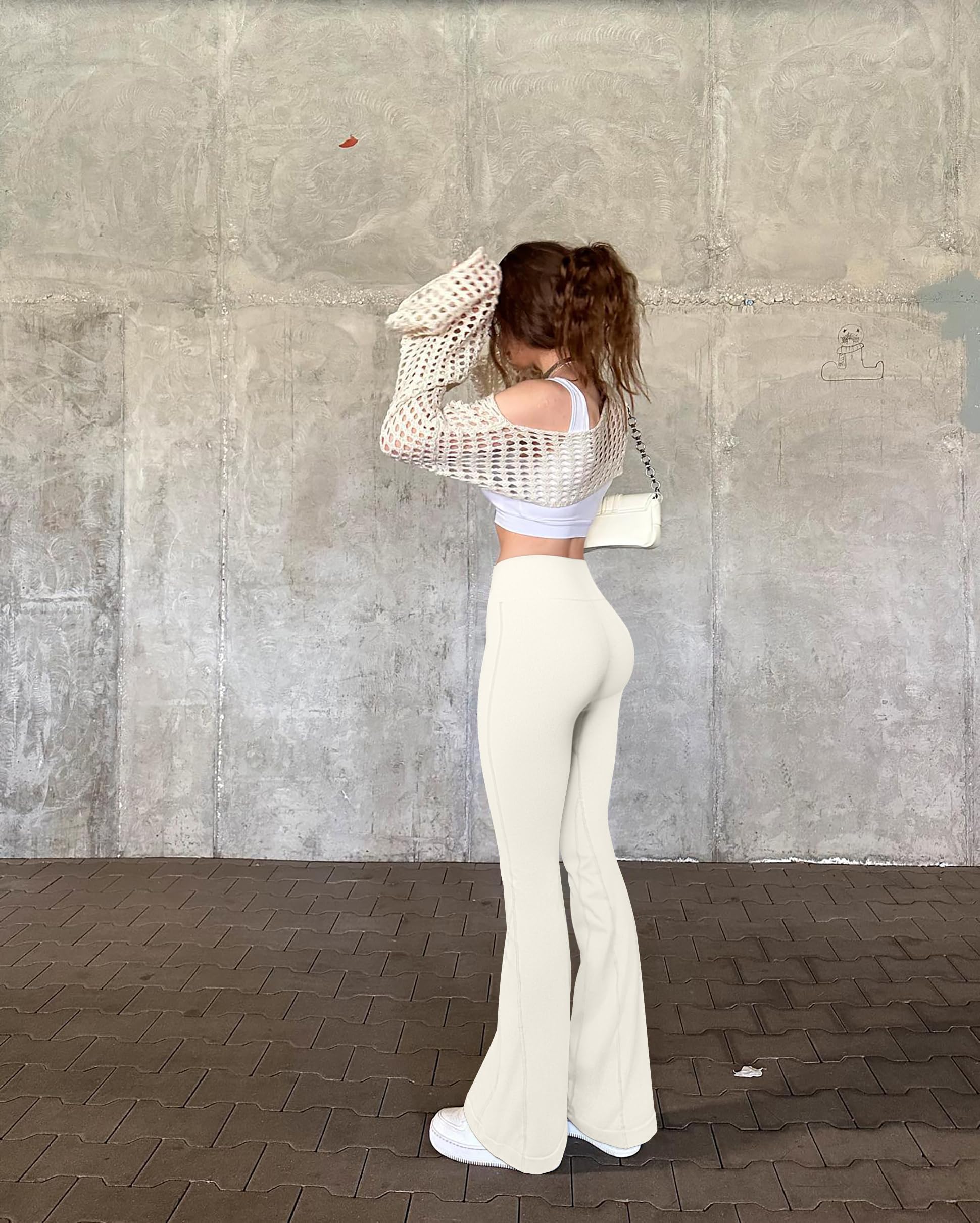 OQQ Women's Flared Pants High Waisted Yoga Leggings Stretchy Bell Buttom Wide Leg