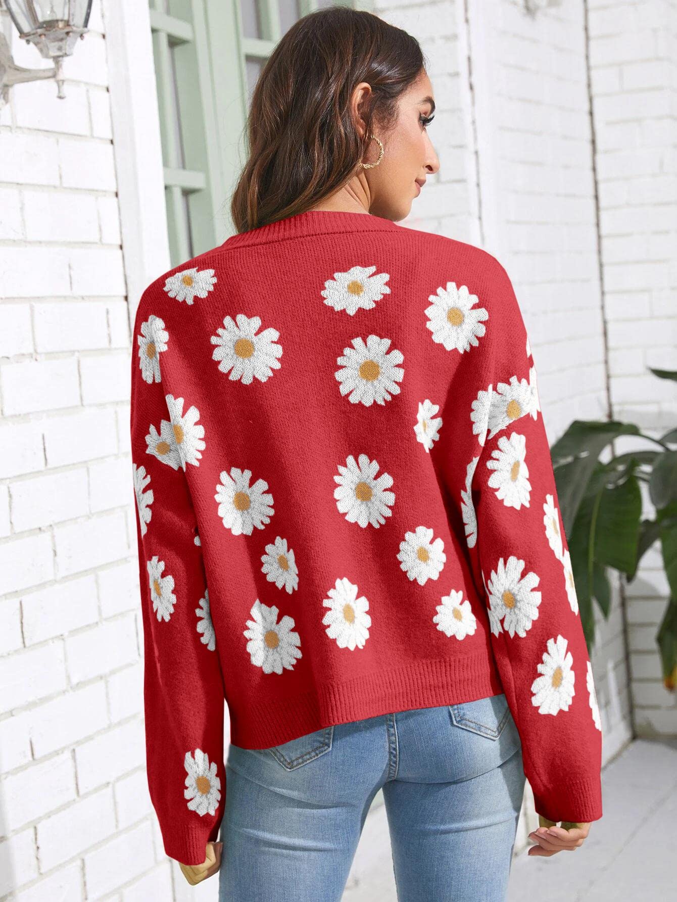 Women's Floral Print Cardigan Long Sleeve Open Front Button Down V Neck Knitted Sweaters