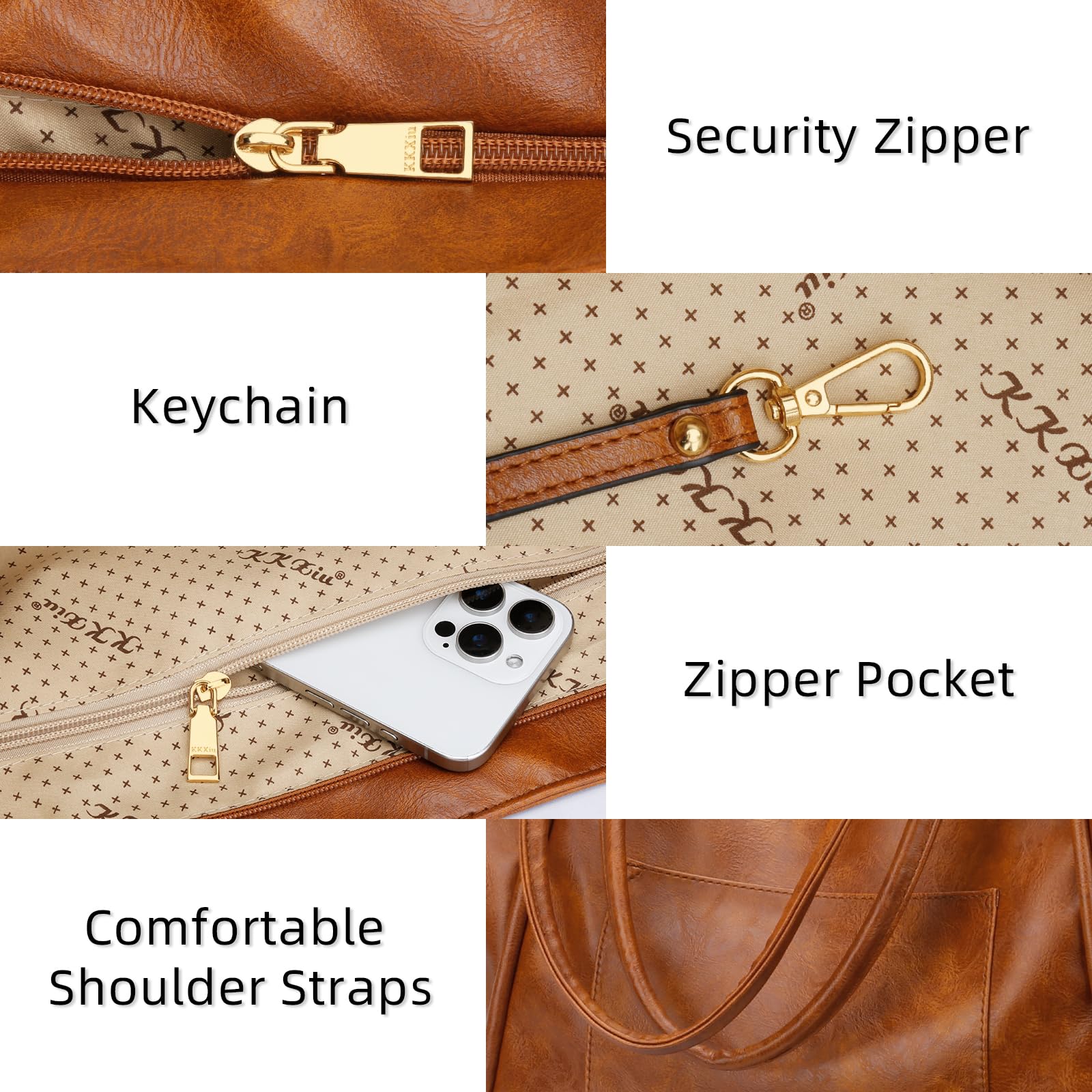 KKXIU Large Tote Bag for Women with Zipper Work Leather Travel Purse and Handbags