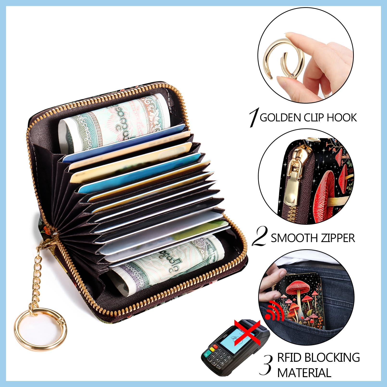 Blusabaca  Credit Card Holder for Women, Gothic Floral Small RFID Wallet with Zipper, Card Keychain Wallet, Leather Wallet Card Case, Business Accordion Wallet Gift: Wristlet Mushroom