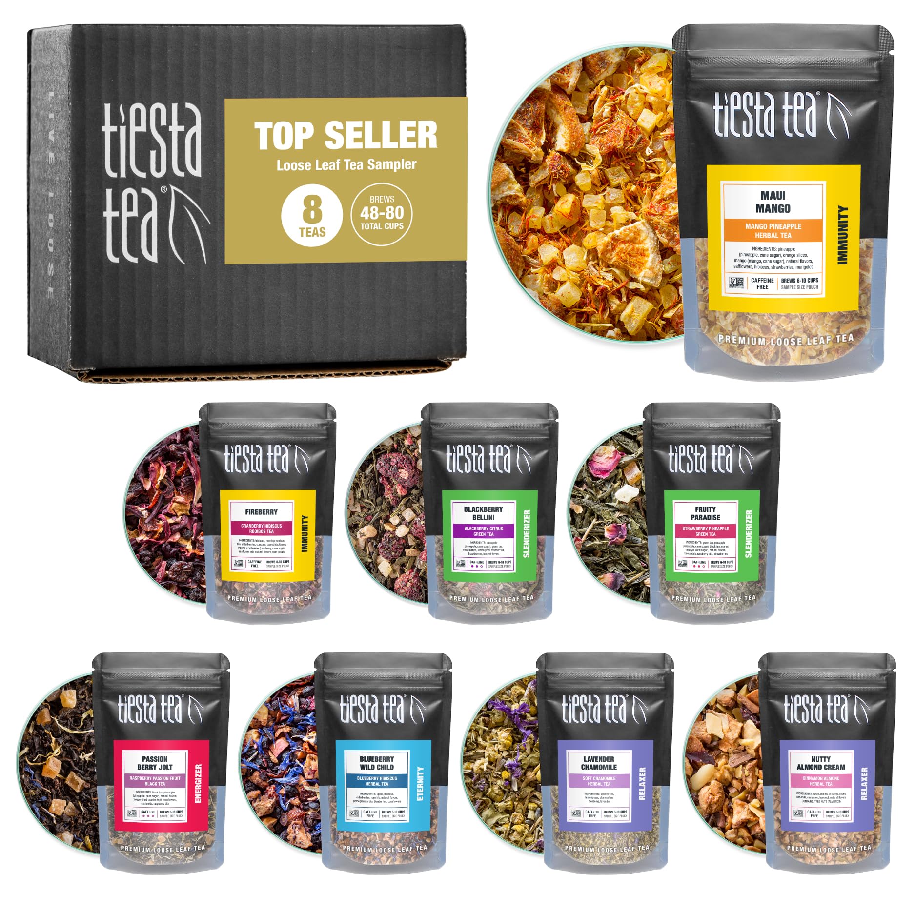Tiesta Tea 8 Loose Leaf Dry Flight Mother’s Day Tea Gift Set Sampler | Assorted Herbal, Black, and Fruit Teas | High to No Caffeine | Hot & Iced Ready | 8 Resealable Sample Pouches: Best Seller Tea Sampler Set