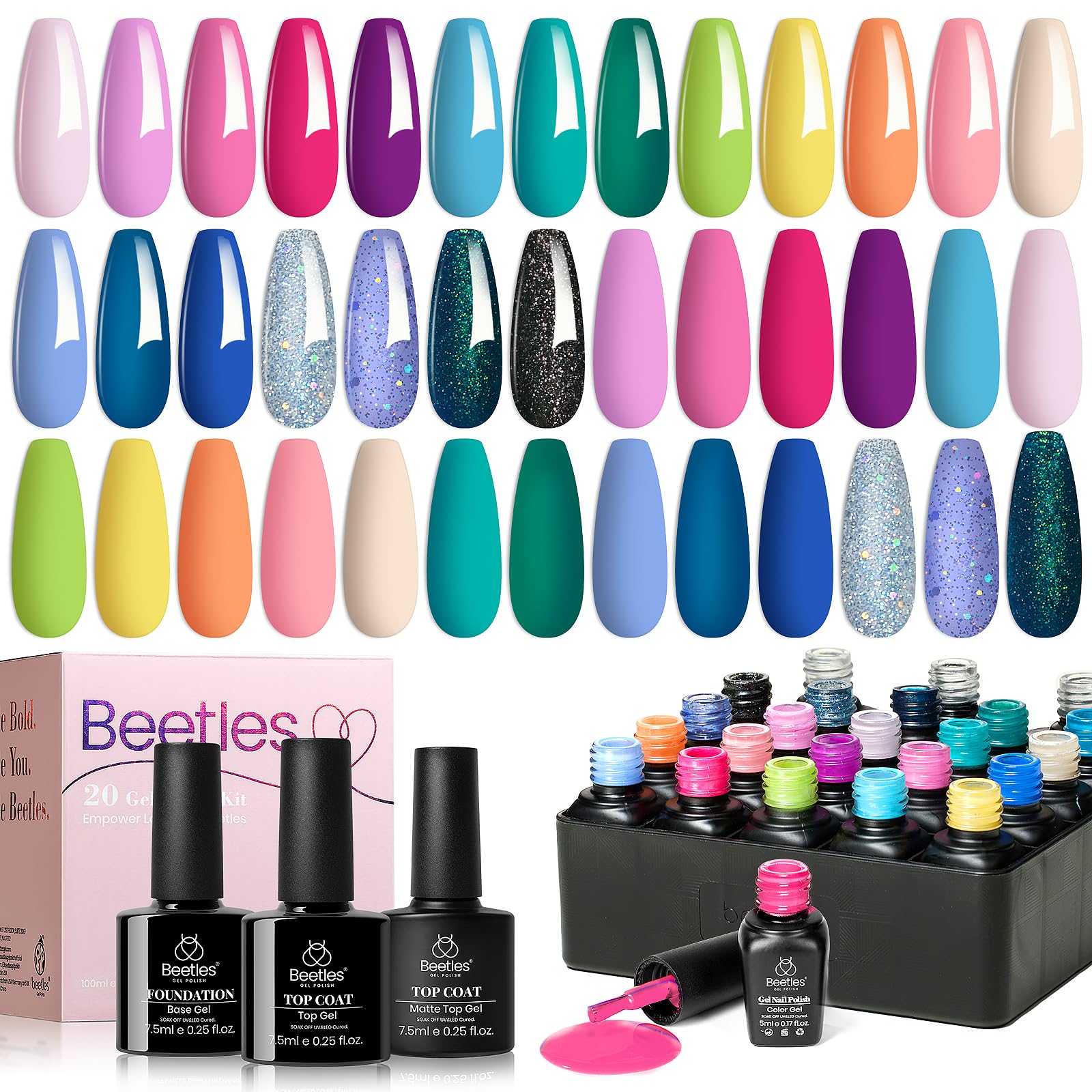 beetles Gel Polish Set Summer Gel Nail Polish Kit Pastel 36 Pcs 32 Colors with Base Top Coat Hot Pink Green Black White Burgundy Red Blue Purple Gifts for Women Fingertip Palette: 20 Colors Fantasyland Collection