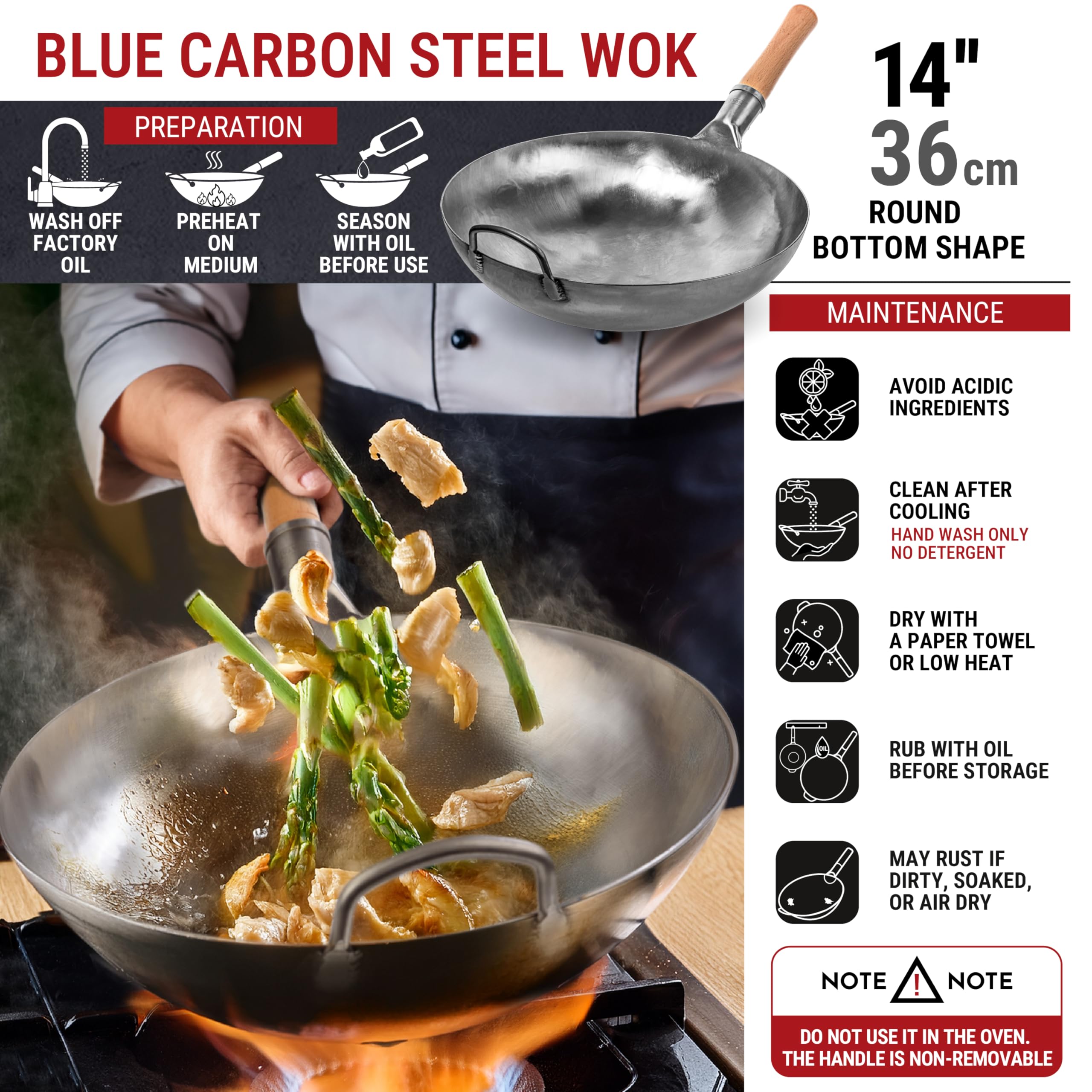 YOSUKATA 14” Round Bottom Carbon Steel Wok Pan – Blue Pre-Seasoned Pow Wok for Stir Fry, BBQ, Grill & Camping – Traditional Japanese & Chinese Cookware – Compatible with Gas Stoves & Open Fire Only: 14" Silver