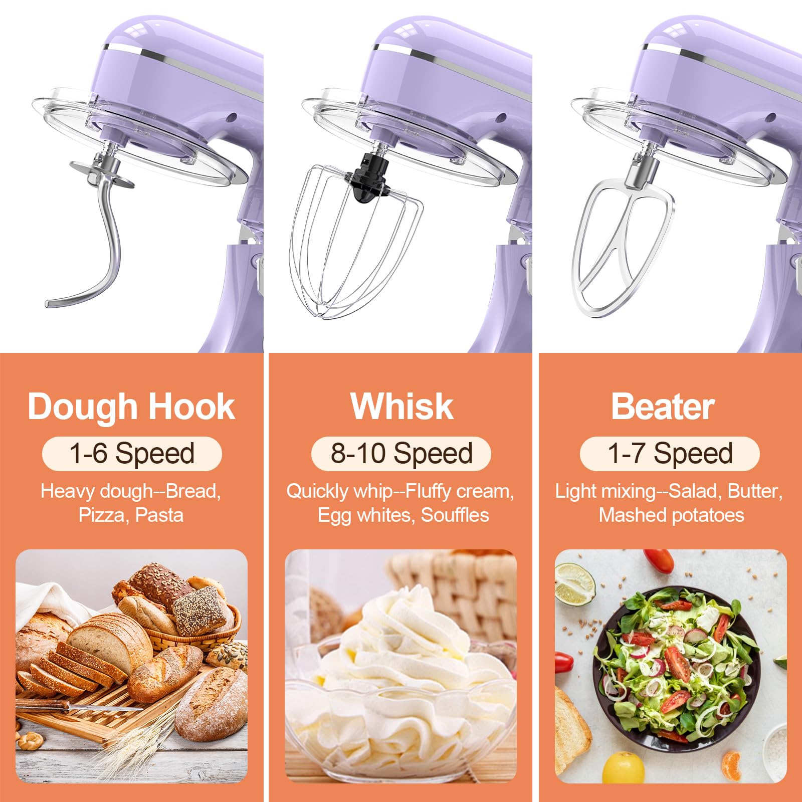 CEBORY 3-IN-1 Electric Stand Mixer, 6.5QT Bowl 660W 10-Speed Kitchen Mixer, Household Food Mixers include Dough Hook, Beater and Whisk, Bread Cake Mixer for Baking and Most Home Cooks, Purple