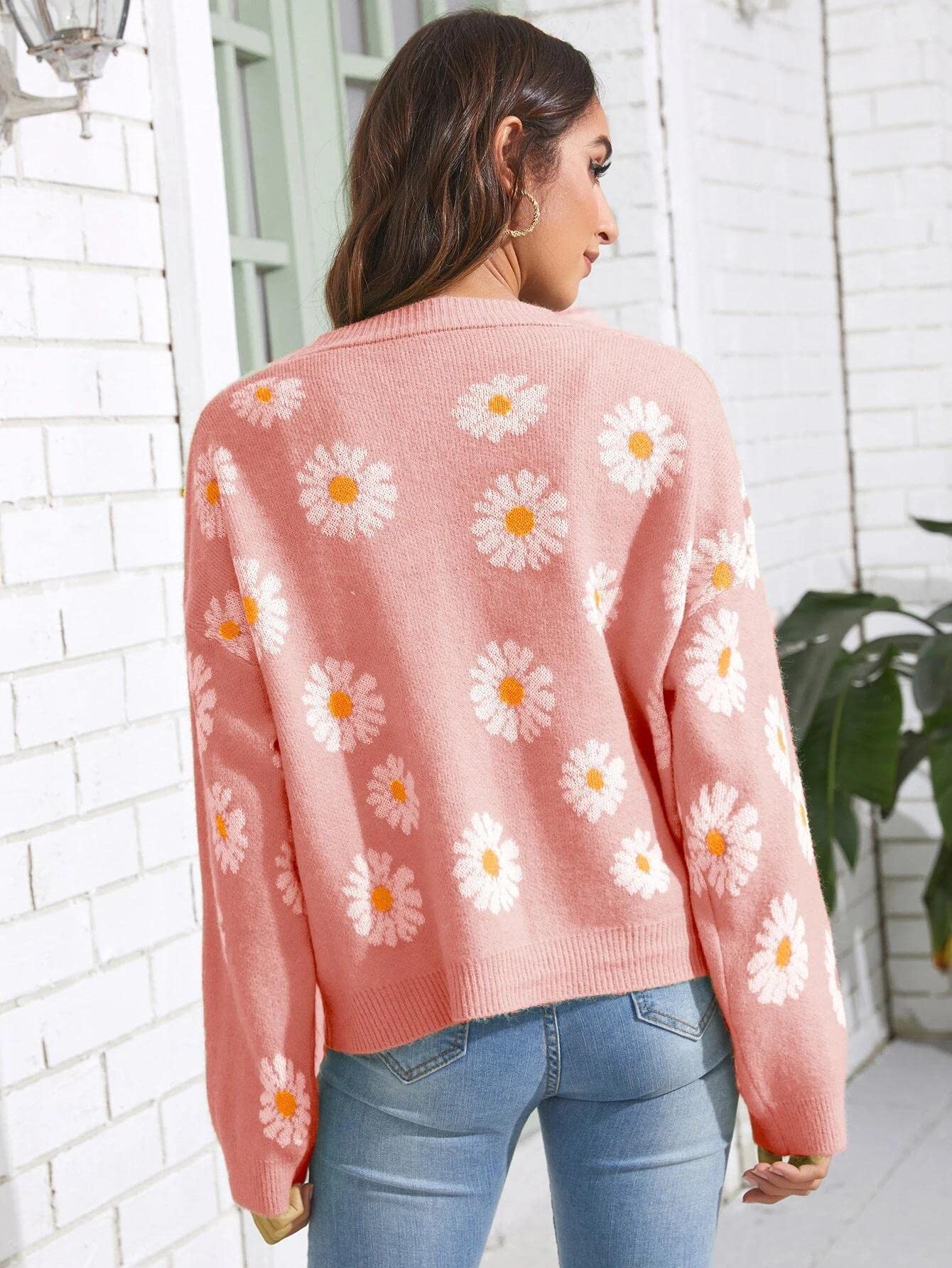 Women's Floral Print Cardigan Long Sleeve Open Front Button Down V Neck Knitted Sweaters