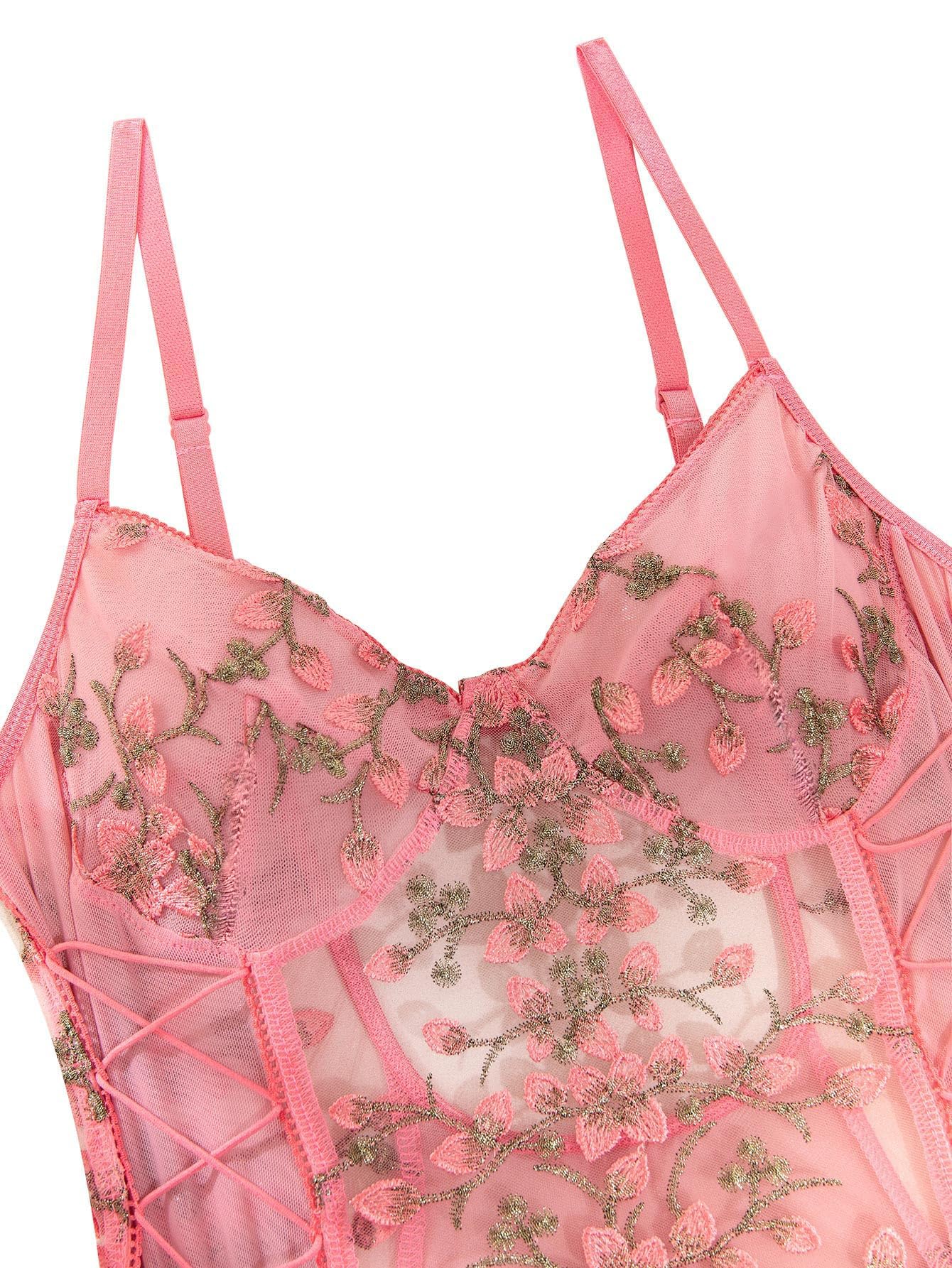 Lilosy Women Sexy Lace Up Floral Embroidered Teddy Lingerie Bodysuit Top Mesh Sheer One Piece