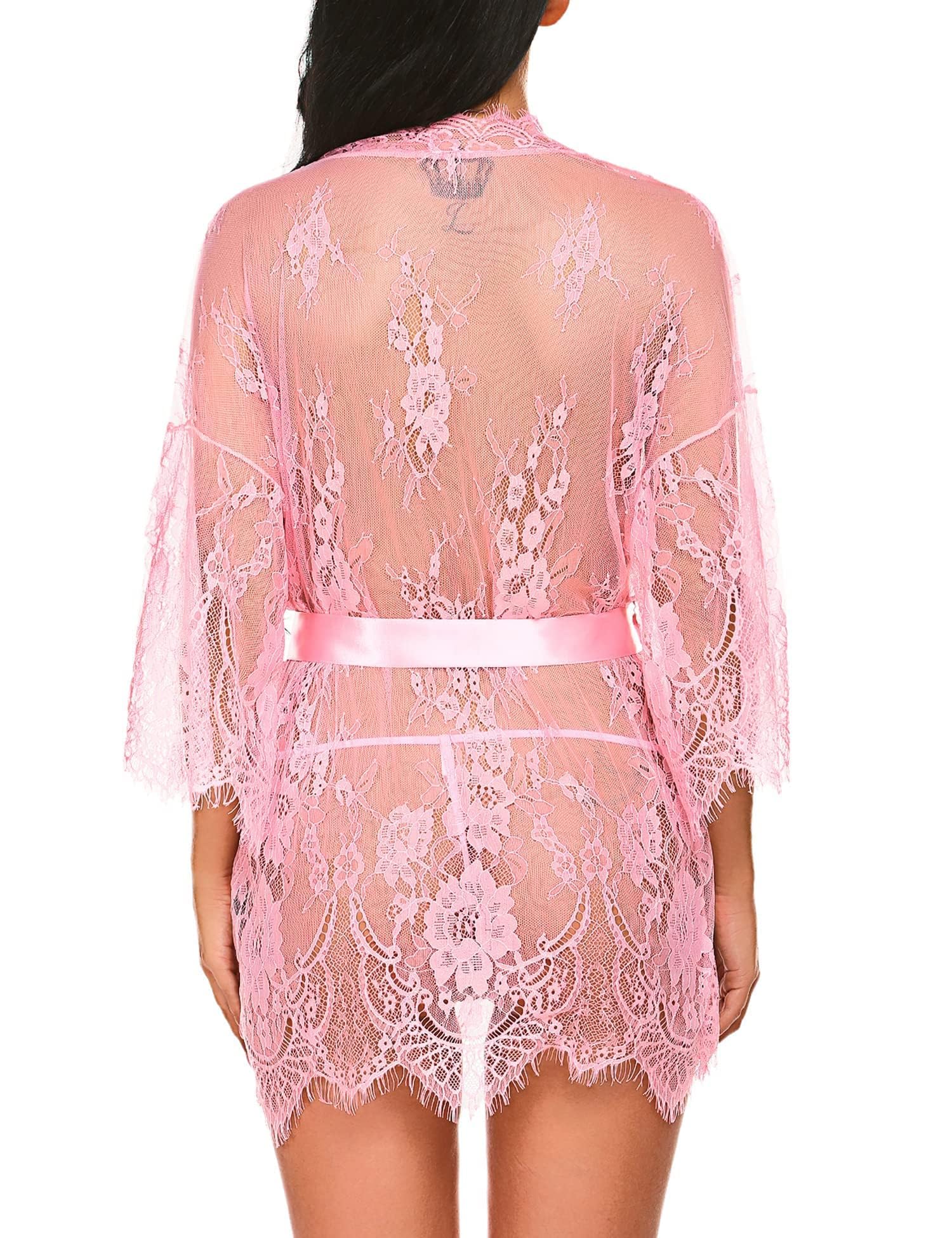 Avidlove Women's Lace Kimono Robe Babydoll Lingerie Mesh Nightgown S-5XL: Pink X-Small