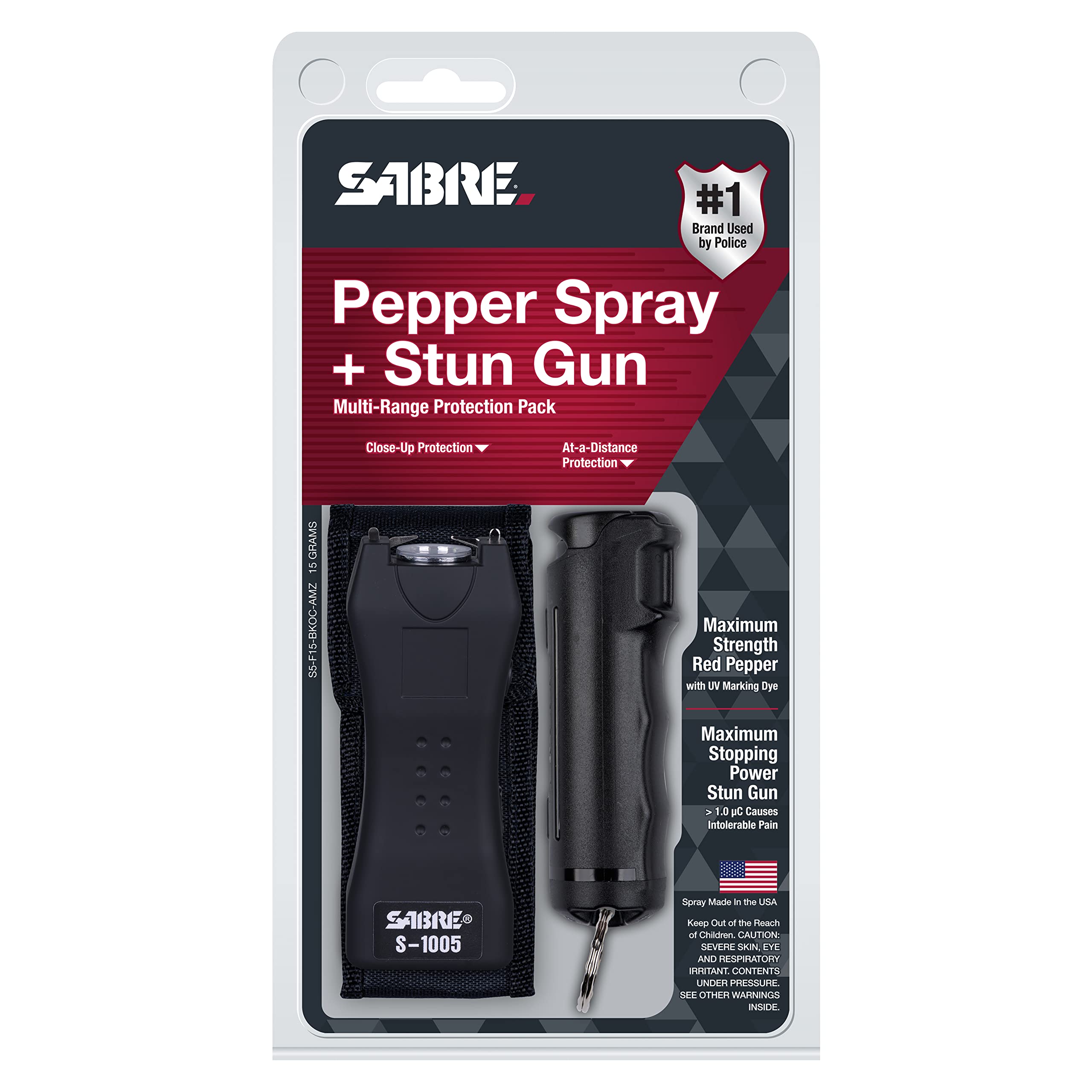 SABRE Pepper Spray & 2-in-1 Stun Gun with Flashlight, Self Defense Kit, Fast Flip Top Safety, Finger Grip for Better & Faster Aim, Painful 1.60 µC Charge, 120 Lumen LED Light, Rechargeable, 0.54 fl oz: Black