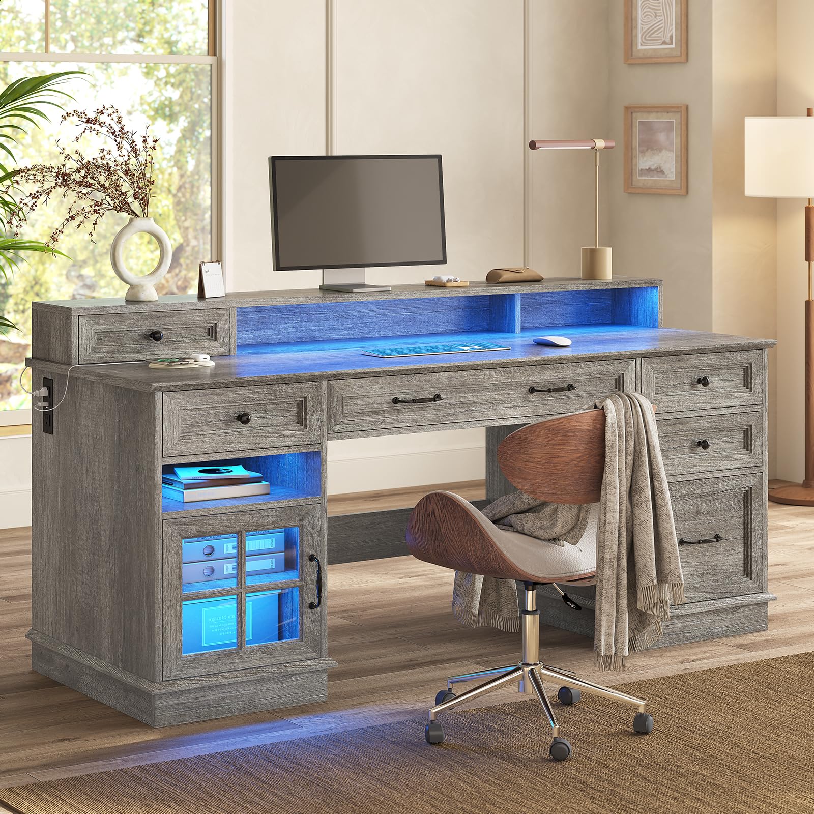 HAUOMS Farmhouse Executive Desk with Drawers Computer Desk with File Drawers, Power Outlet and Led Lights, Executive Office Desk with Storage Cabinet and Monitor Shelf for Home Office,