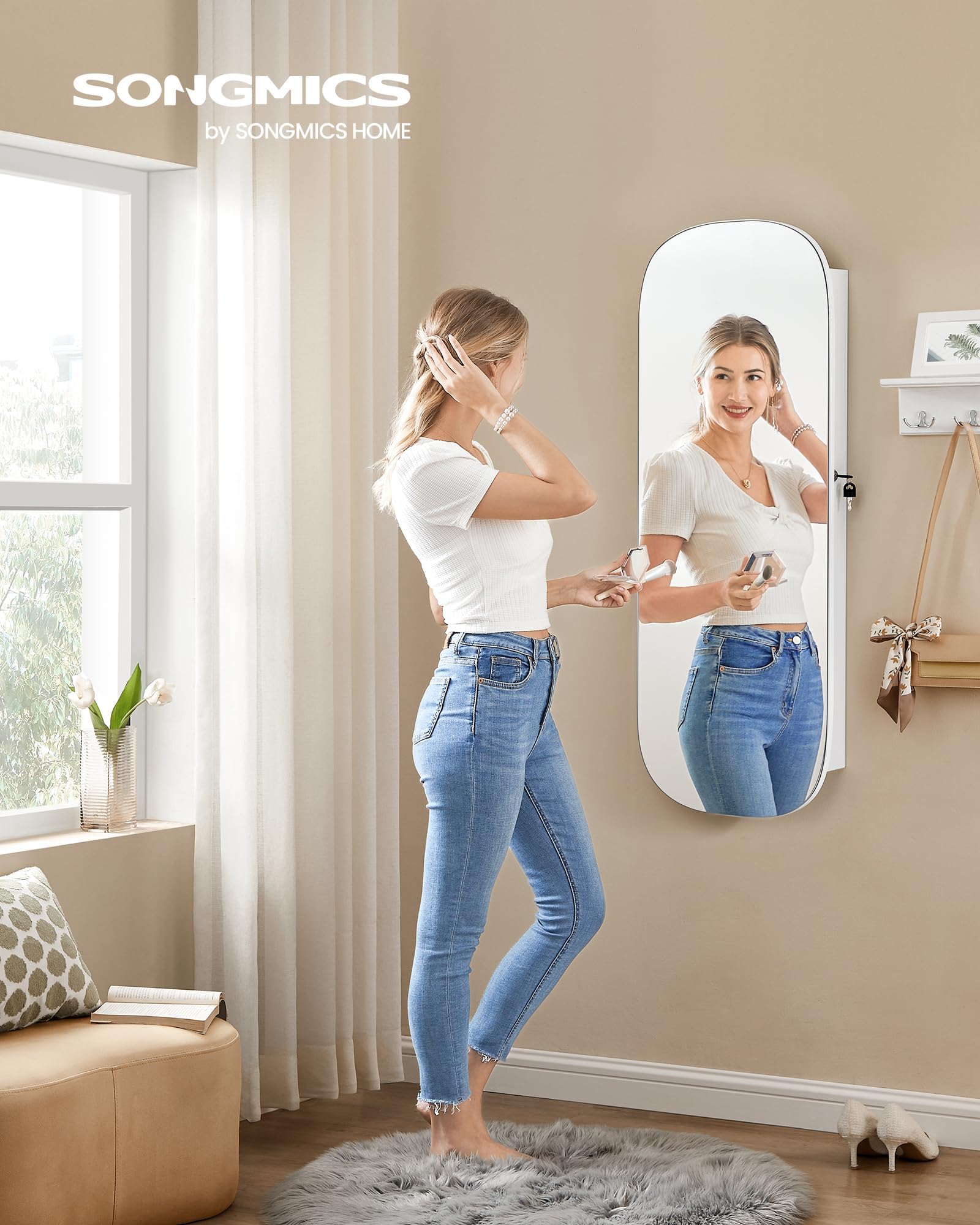 SONGMICS Jewelry Organizer, LED Jewelry Cabinet Wall or Door Mounted, Lockable Rounded Wide Mirror with Storage, Interior Mirror, 3.9 x 16.5 x 42.5 Inches, White Surface with Greige Lining UJJC026W01