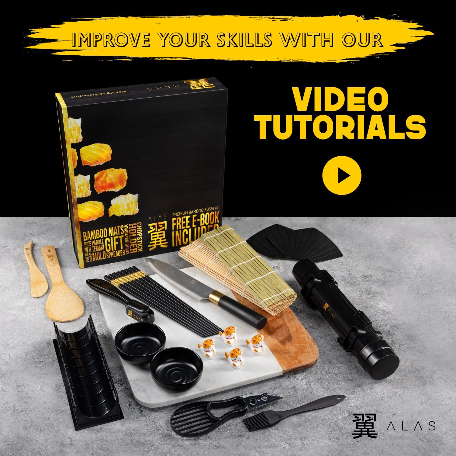 Alas Sushi Making Kit- Complete Sushi Making Kit for Beginners & Pros Sushi Makers, Perfect Sushi Making Kitchen Accessories Like Sushi Knife, 2 Sushi Mats, Rice Bazooka, Dipping Plate, & More (Black)