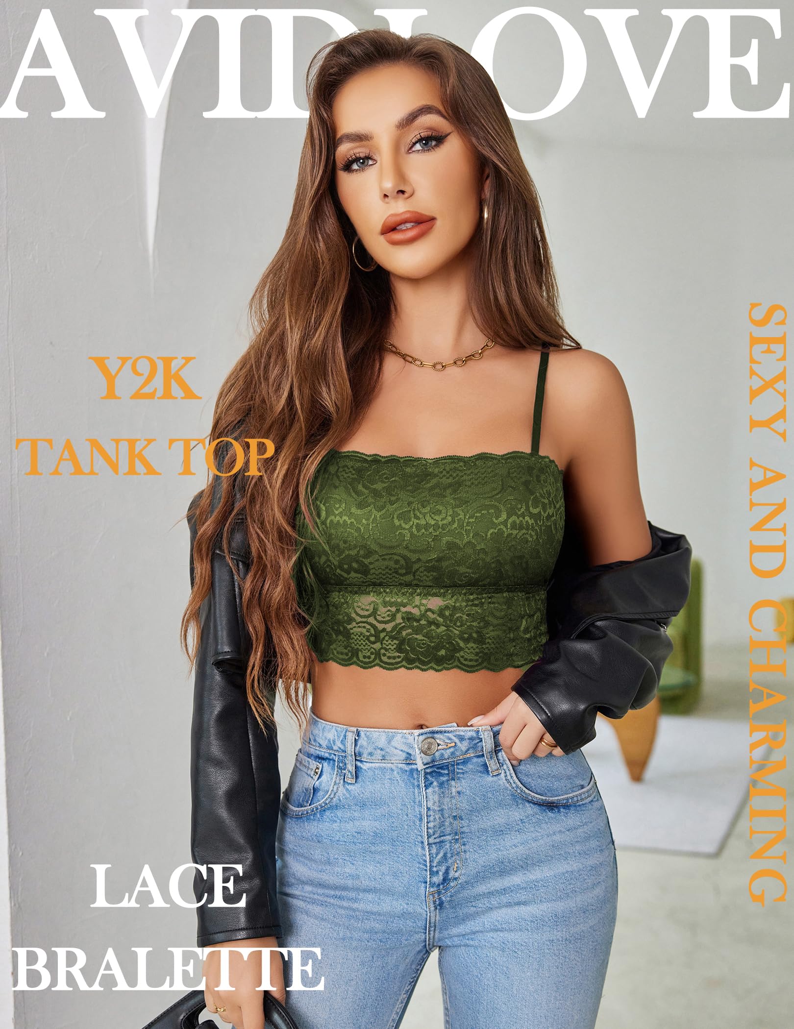 Avidlove Bralettes for Women Lace Spaghetti Strap Tank Top Tube Slim Basic Camisole: Small Army Green