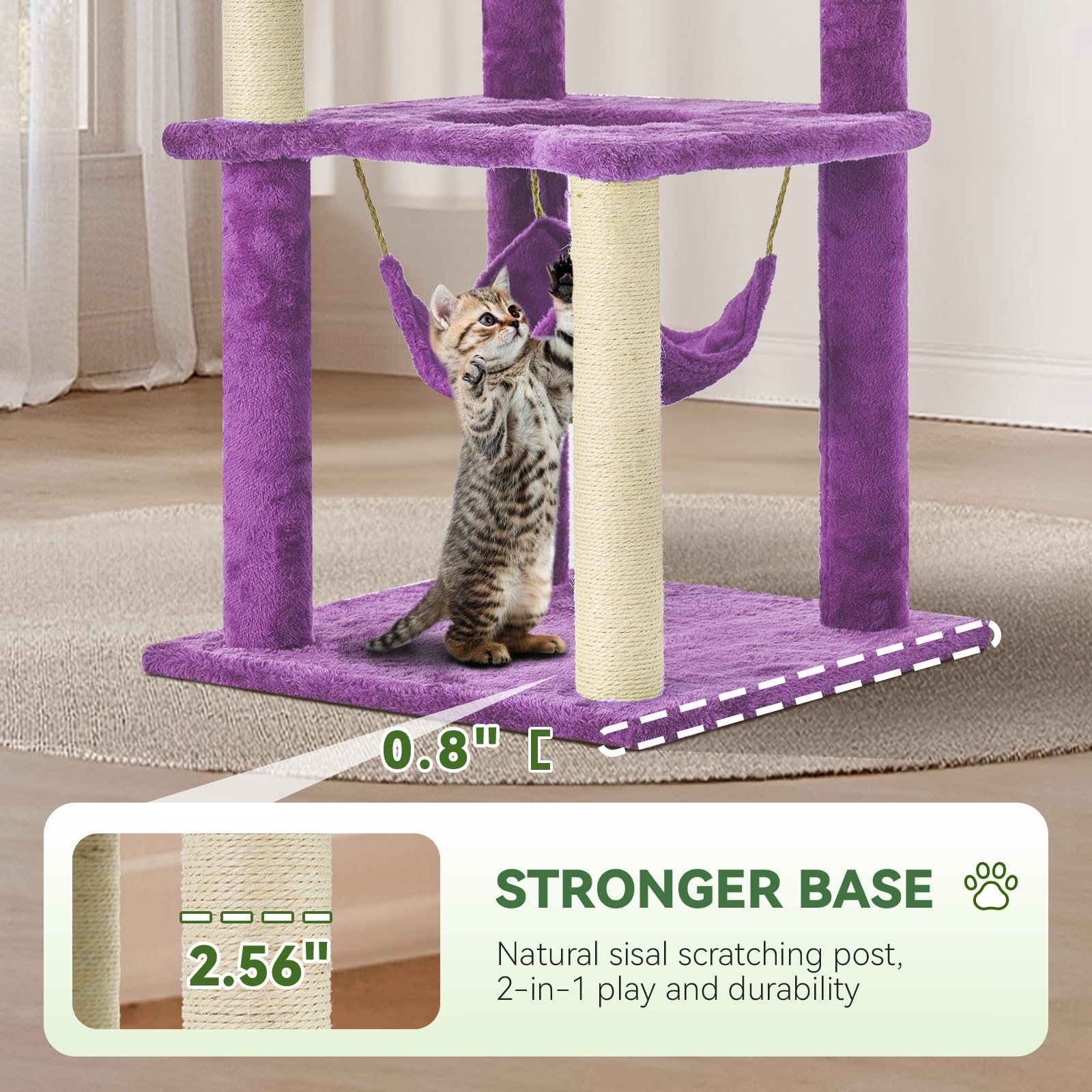 TSCOMON 61" Large Cat Tree Tower for Indoor Cats with DIY Green Leaves Scratching Post Multi Soft Hang Ball Plush Cat House Furniture 360° Rotating Cat Scratch Board with Hammock, Purple