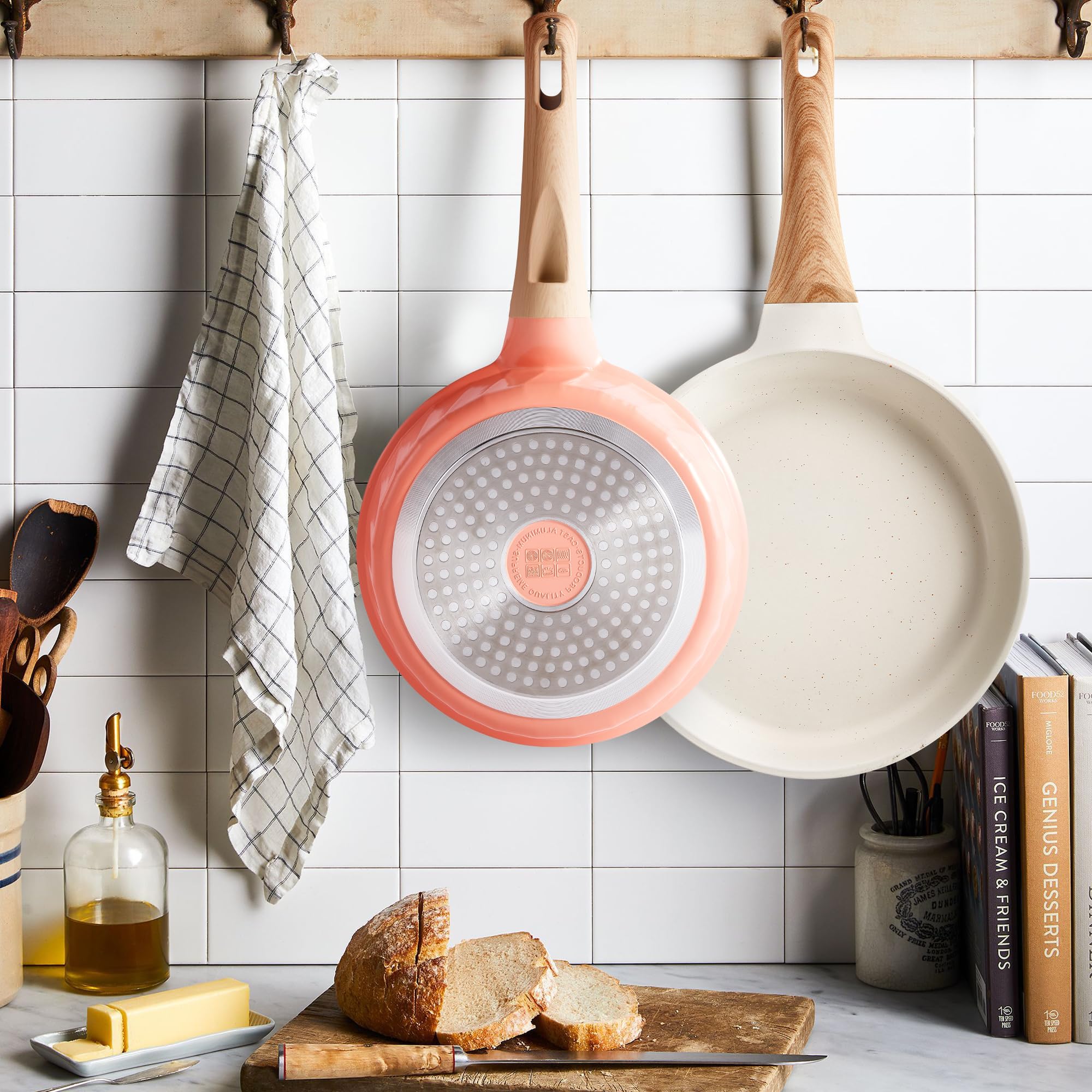 YIIFEEO Non Stick Frying Pan Set with Lids, Granite Skillet Set, Egg Omelette Pans for Cooking Pan Set, No Toxic Kitchen Cookware Set Compatible with All Stovetops (Gas & Induction), PFOA Free, Gift: 3PCS Pink Frying Pans