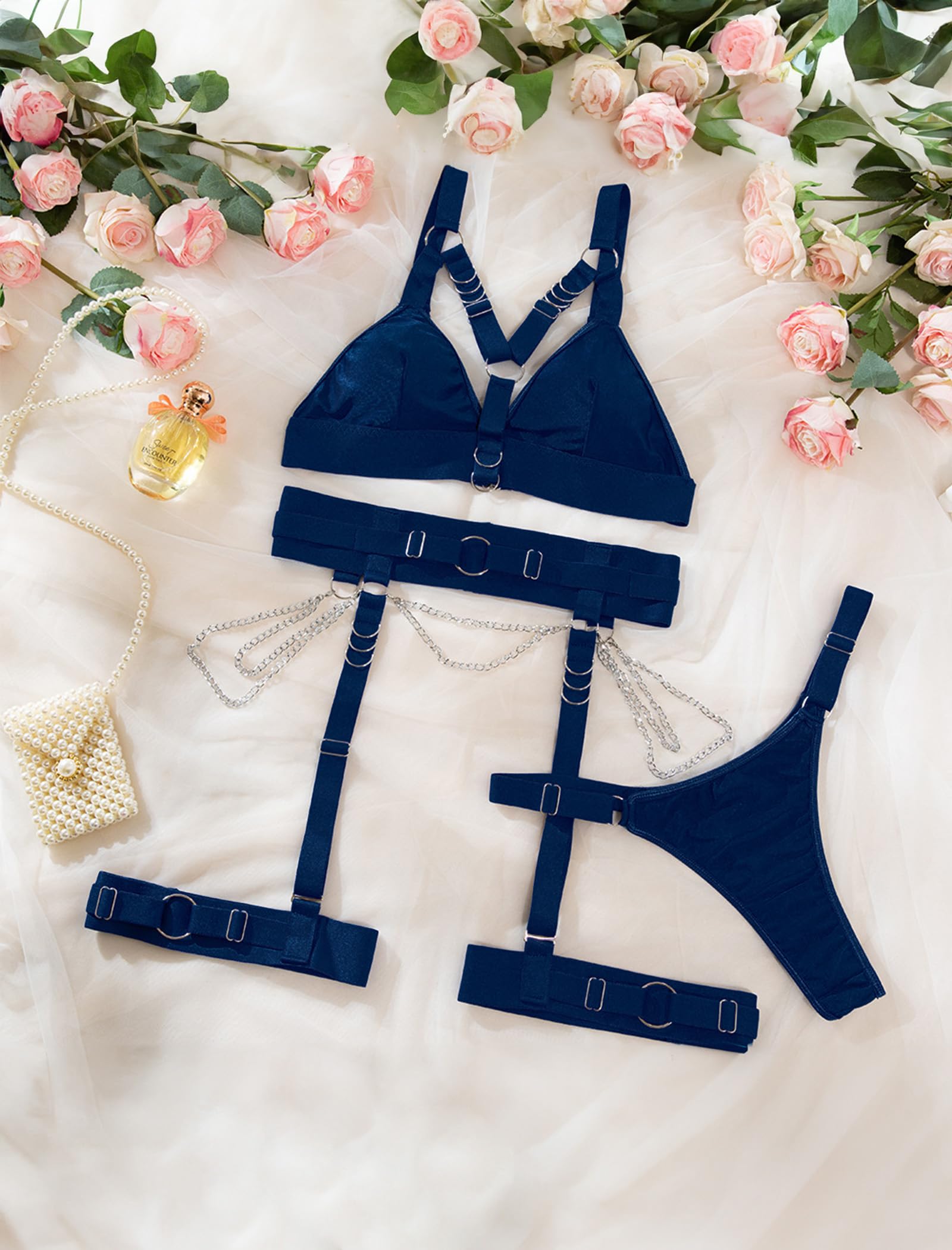 Alrovetoney Sexy Lingerie Set For Women With Garter Belt 5 Pieces Strappy Bra and Panty Set Adjustable With Chain: Small Navy Blue