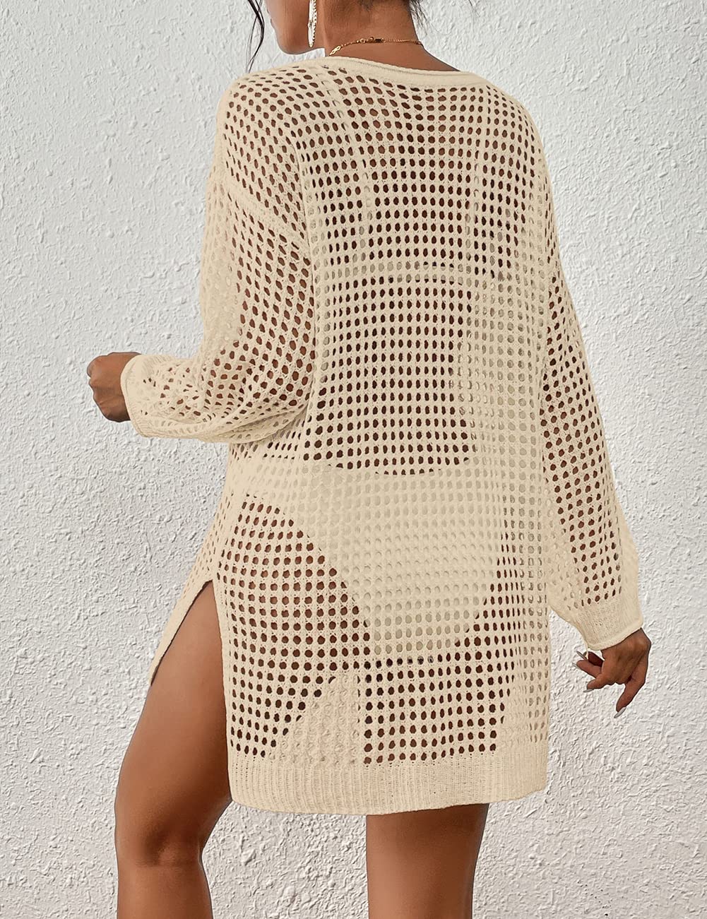 Bsubseach Crochet Cover Up for Swimwear Women Pool Swimsuit Coverup Long Sleeve Beach Knit Tops: Apricot