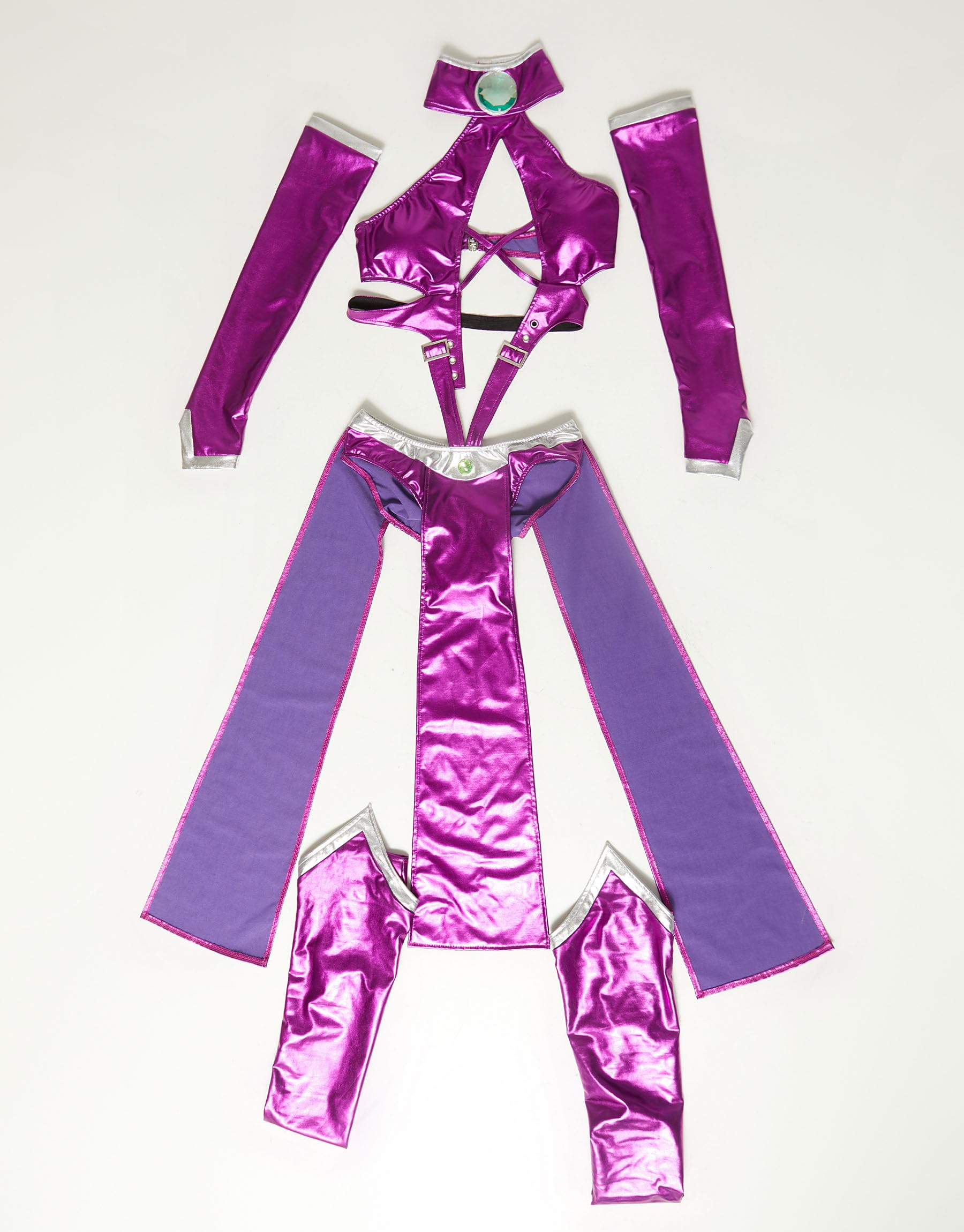 Mobbunny Movie Cosplay Costume for Women Purple Bodycon Outfit Halter Cutout Bodysuit with Gloves Stockings: Medium Purple