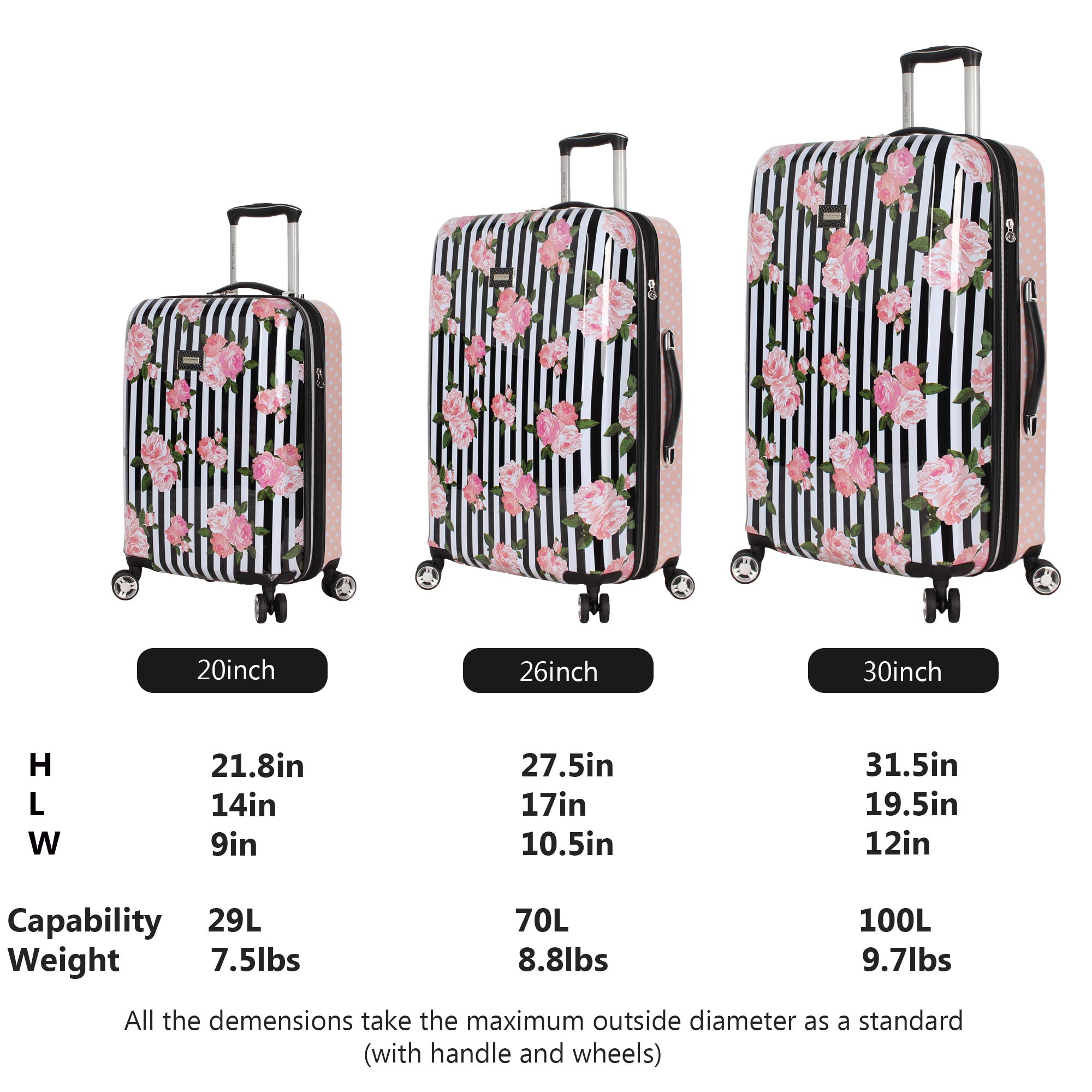 Betsey Johnson Designer Luggage Collection - Expandable 3 Piece Hardside Lightweight Spinner Suitcase Set (): Stripe Roses