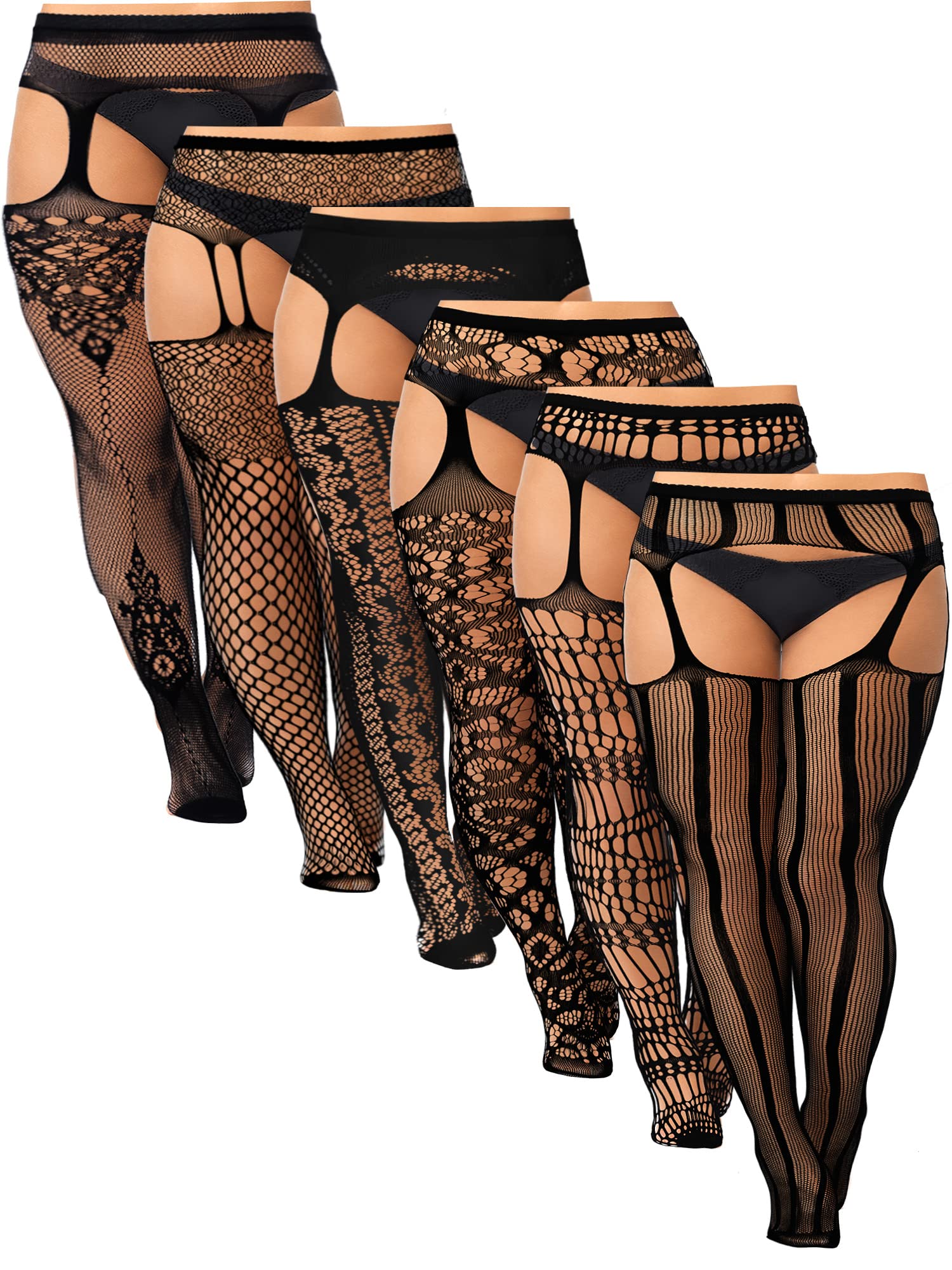 Skylety 6 Pairs Women Plus Size Fishnet Suspender Pantyhose Thigh High Stocking Garter Belt Lingerie Tights for Women L-XXXL: Black XX-Large-3X-Large