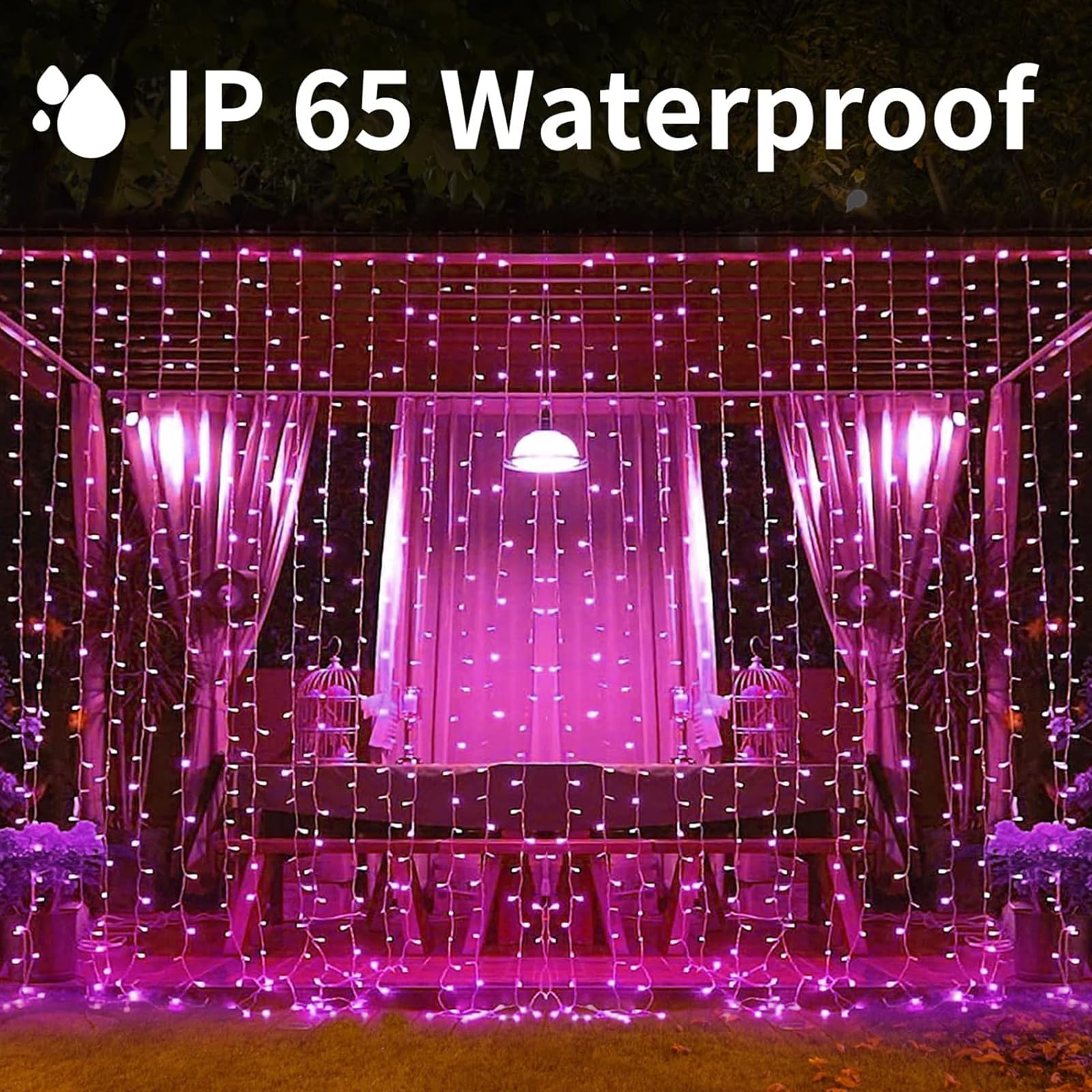 XINXIANLIAN 300LED Solar Curtain Lights Outdoor Indoor 8 Modes Solar Fairy Curtain String Lights Waterproof Twinkle Lights for Home Garden Patio Gazebo(): Pink