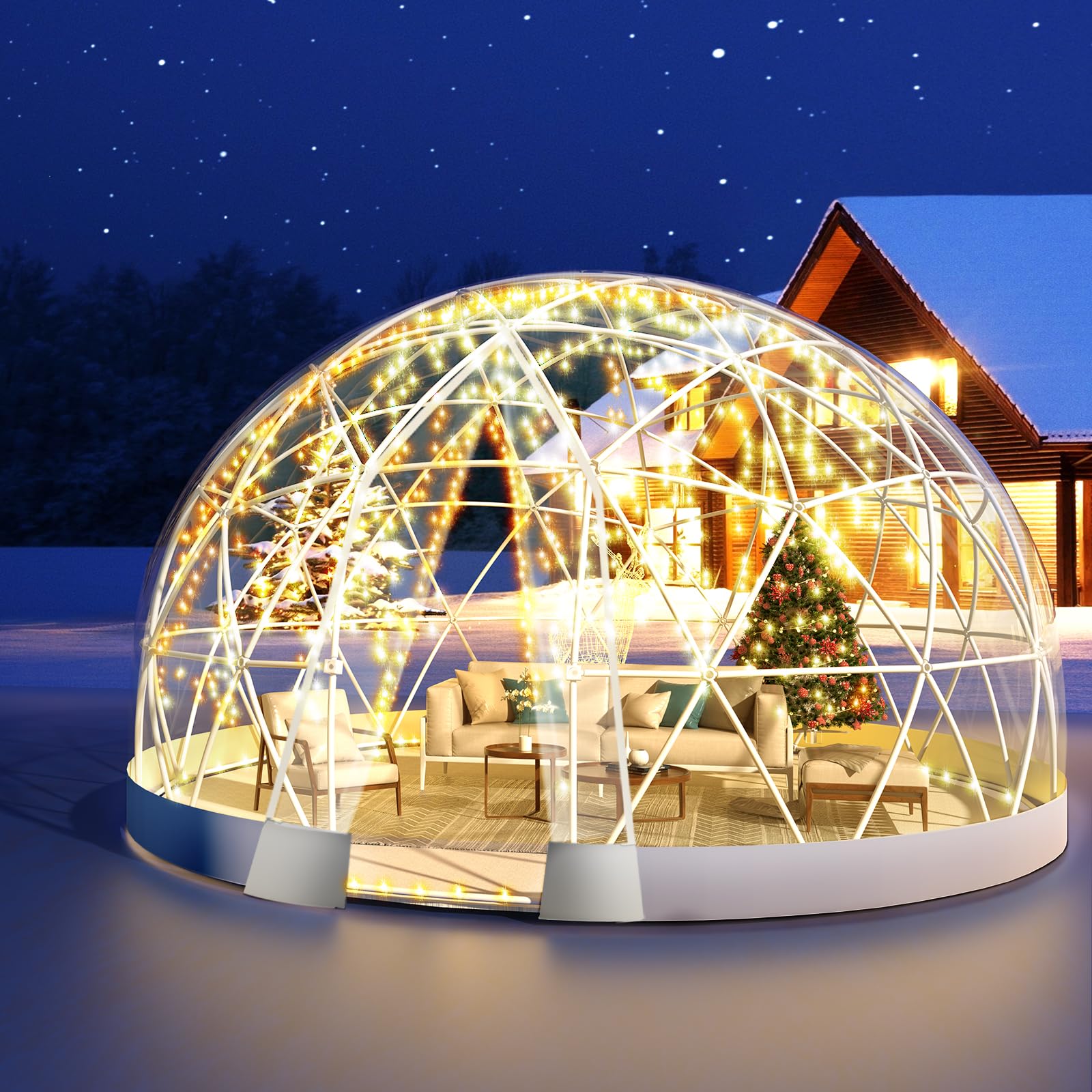 12FT Garden Dome lgloo, Geodesic Dome Greenhouse with PVC Clear Cover, Waterproof Garden Bubble Dome Tent House with 2 x 10M Light Strings for Outdoor, Patio, Backyard, Party (White, 12FT/3.6M): White 12.5FT/3.8M