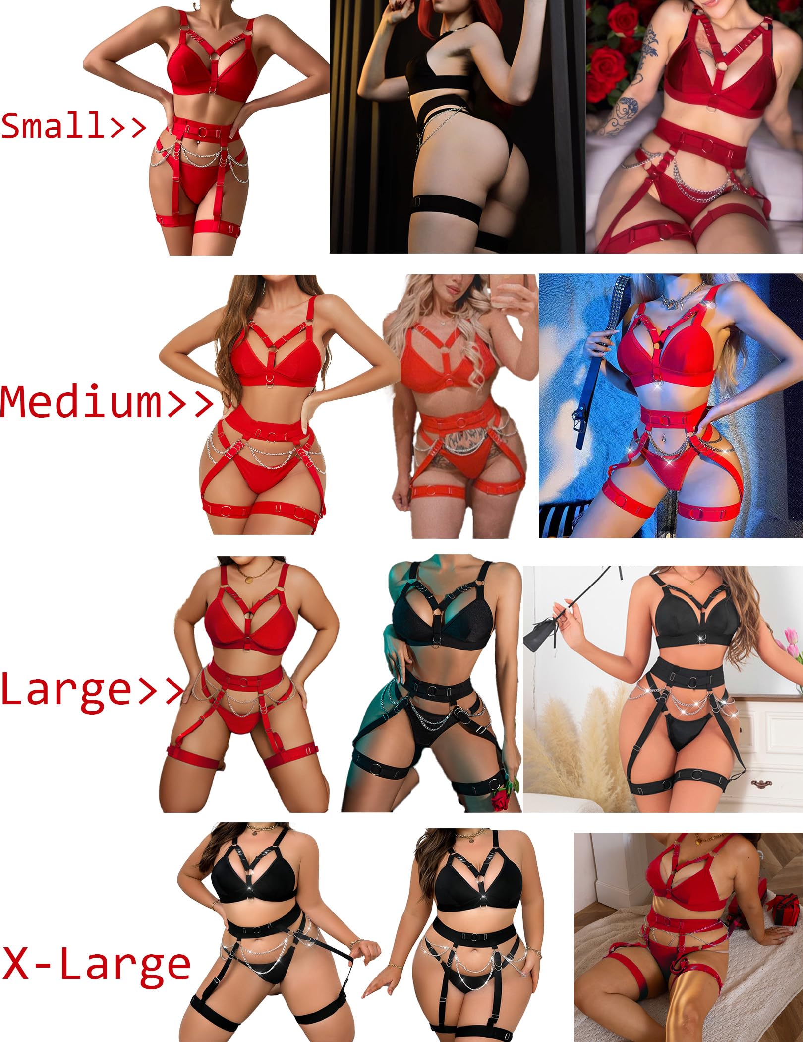 Sexy Lingerie Set For Women With Garter Belt 5 Pieces Strappy Bra and Panty Set Adjustable With Chain: Small Red