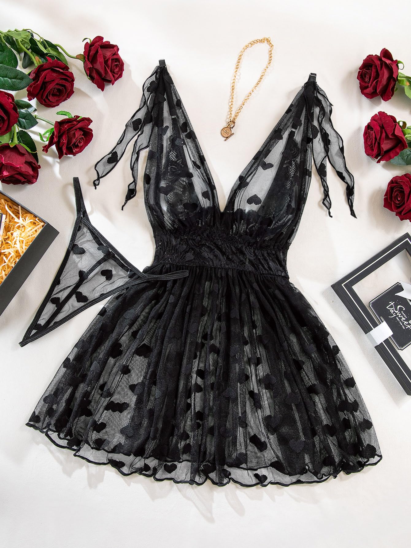 Lilosy Sexy Polka Dots Mesh Sheer Lace Babydoll Chemise Lingerie Set Floral Lace Sleep Wear: Small Love Black