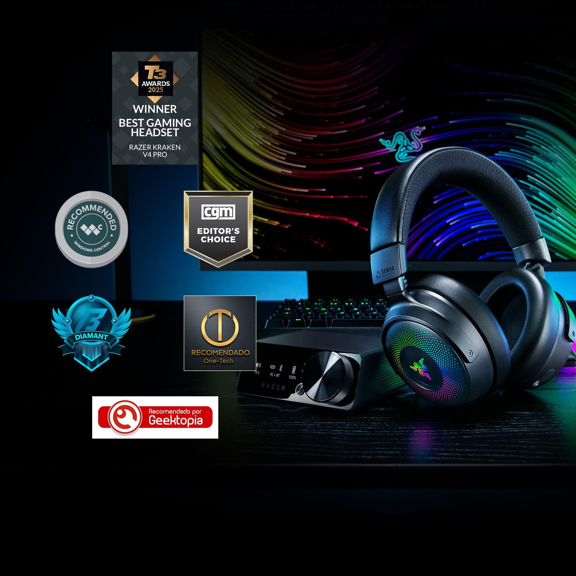 Razer Kraken V4 Pro Wireless Gaming Headset: OLED Control Hub - HD Haptics - 2.4GHz Wireless - Bluetooth - USB - 3.5 mm - Super Wideband Mic - For PC, Mac, PS5, Nintendo Switch, Steam Deck, Smartphone