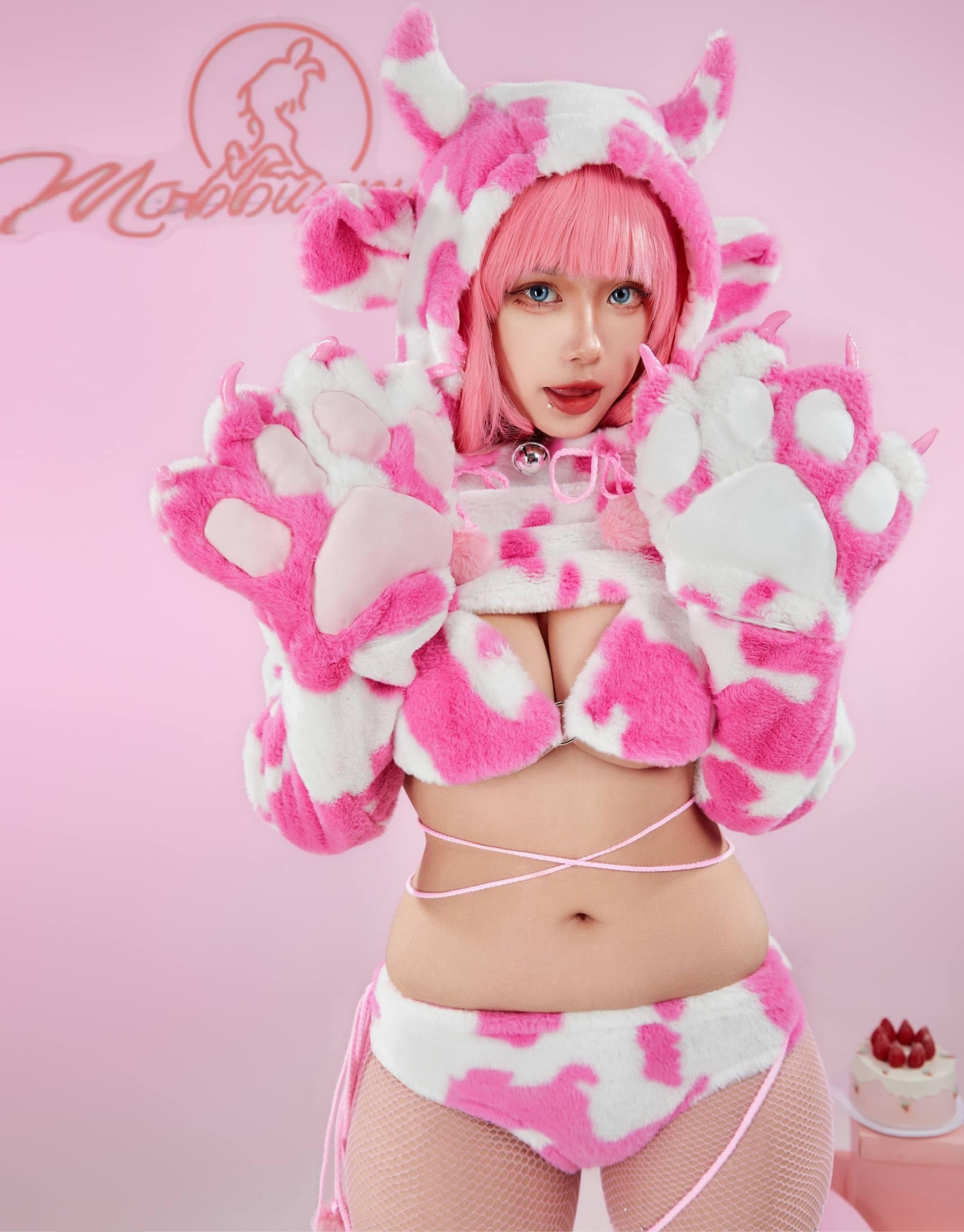 Mobbunny Women's Anime Cute Pajamas Set Cow Print Cosplay Lingerie Furry Paw Set Fuzzy Hoodie Top and Bra Panty Outfit - Image 4