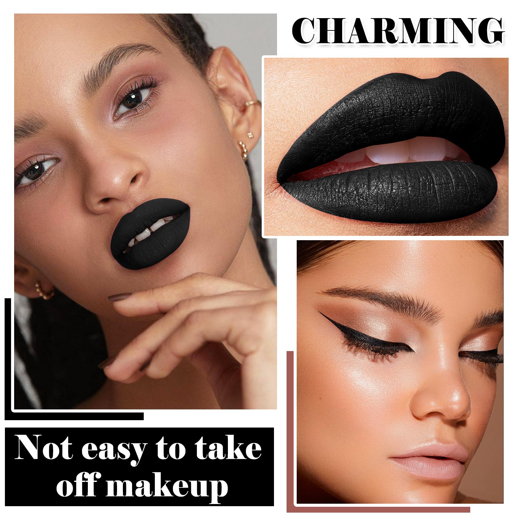 QIUFSSE 3 in 1 Black Lip Liner Pencil and Lipstick lipgloss Set Matte Black Lipstick Lip Gloss Kit Long-lasting Nonstick Cup Smudge Proof Lip Kits with Lip Liner,Velvet Goth Makeup (): Black