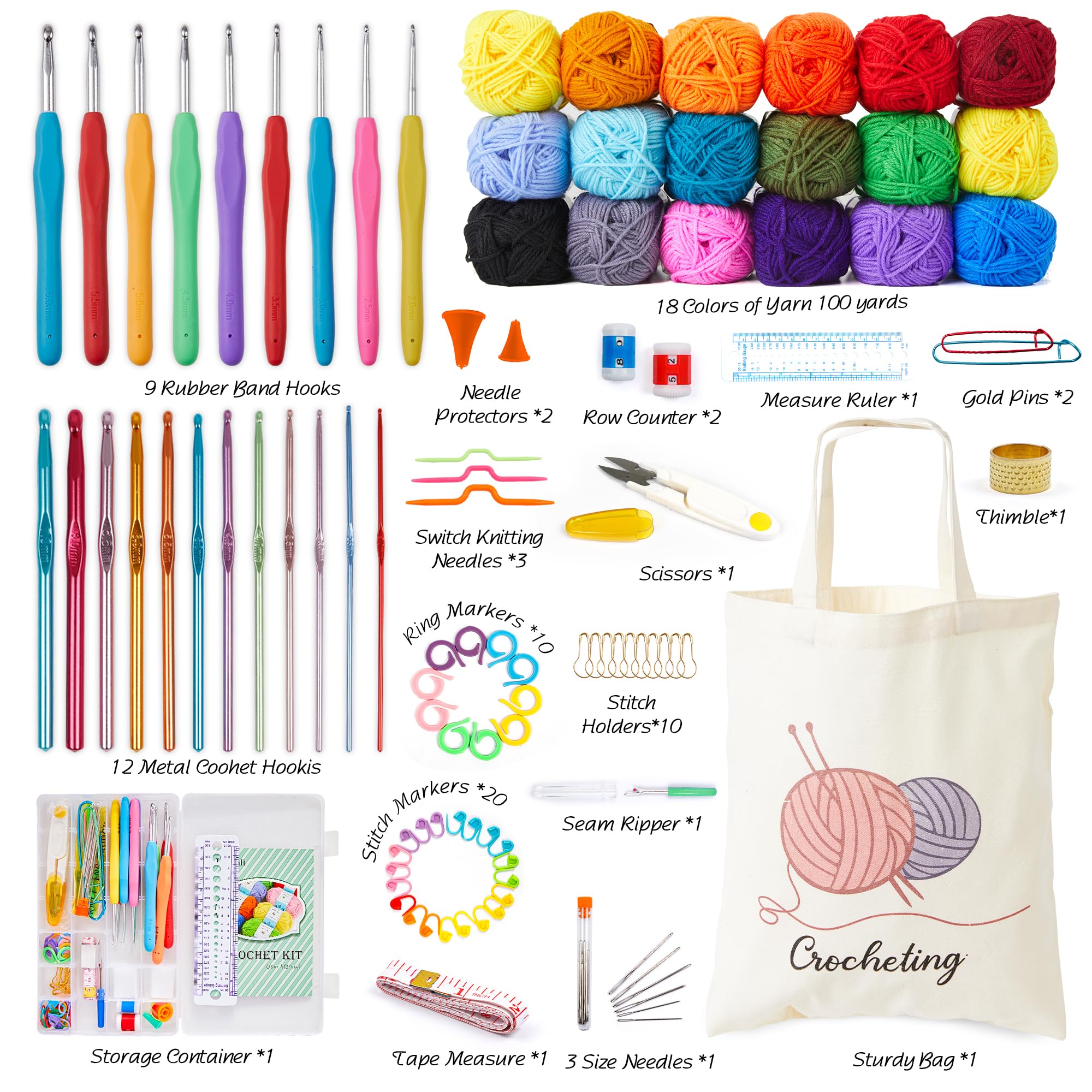 INSCRAFT  with Yarn Set– 1600 Yards Assorted Yarn for Knitting and Crochet, 73PCS Crochet Accessories Set Including Ergonomic Hooks, Knitting Needles & More Ideal Beginner Kit